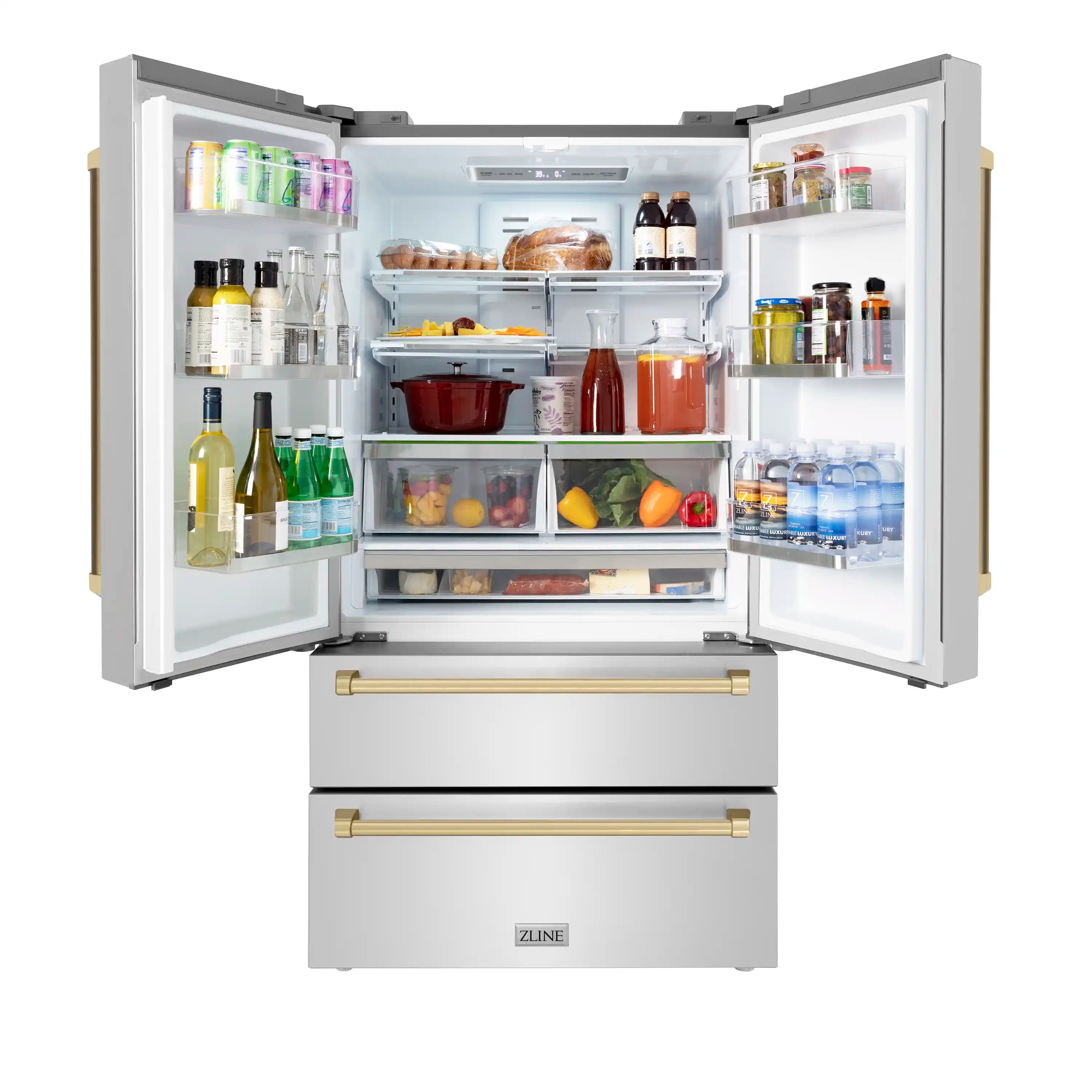 French door refrigerator with stocked interior shelves, bins, and crisper drawers