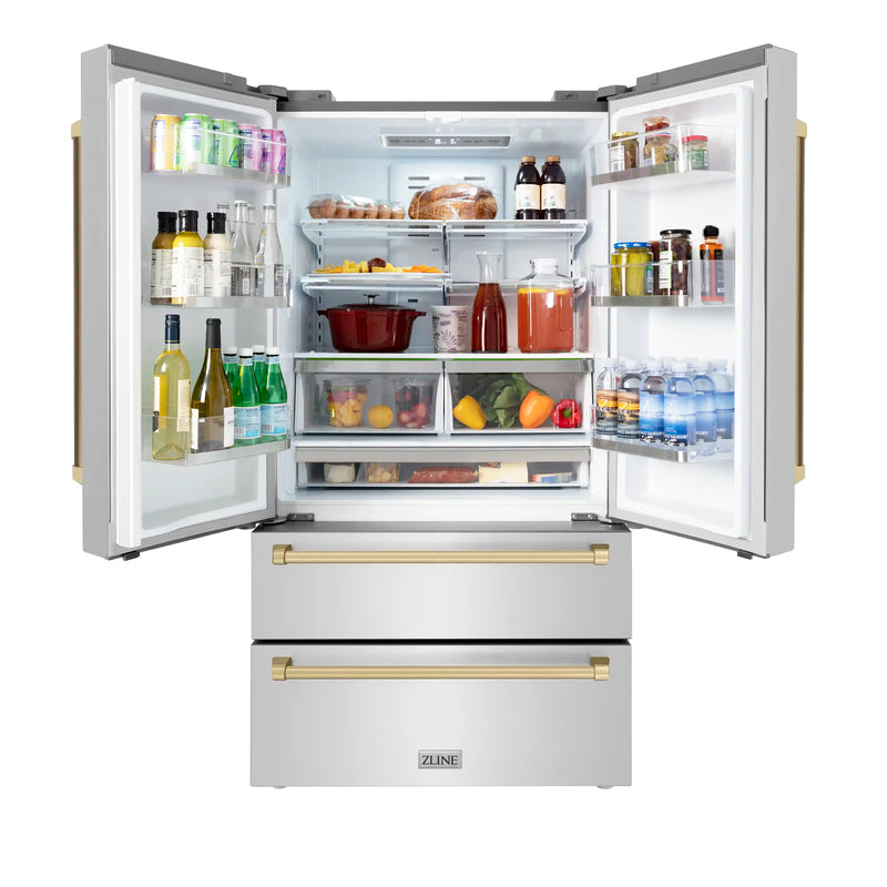 ZLINE 4-Piece Appliance Package - 48-Inch Dual Fuel Range, Hood, Refrigerator, and Dishwasher in Stainless Steel with Champagne Bronze Accents