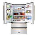 ZLINE 5-Piece Appliance Package - 48-Inch Paramount Autograph Gas Range, Wall Mount Range Hood, 36-Inch French Door Refrigerator, Dishwasher, and 30-Inch Microwave Drawer in Stainless Steel with Champagne Bronze Accents