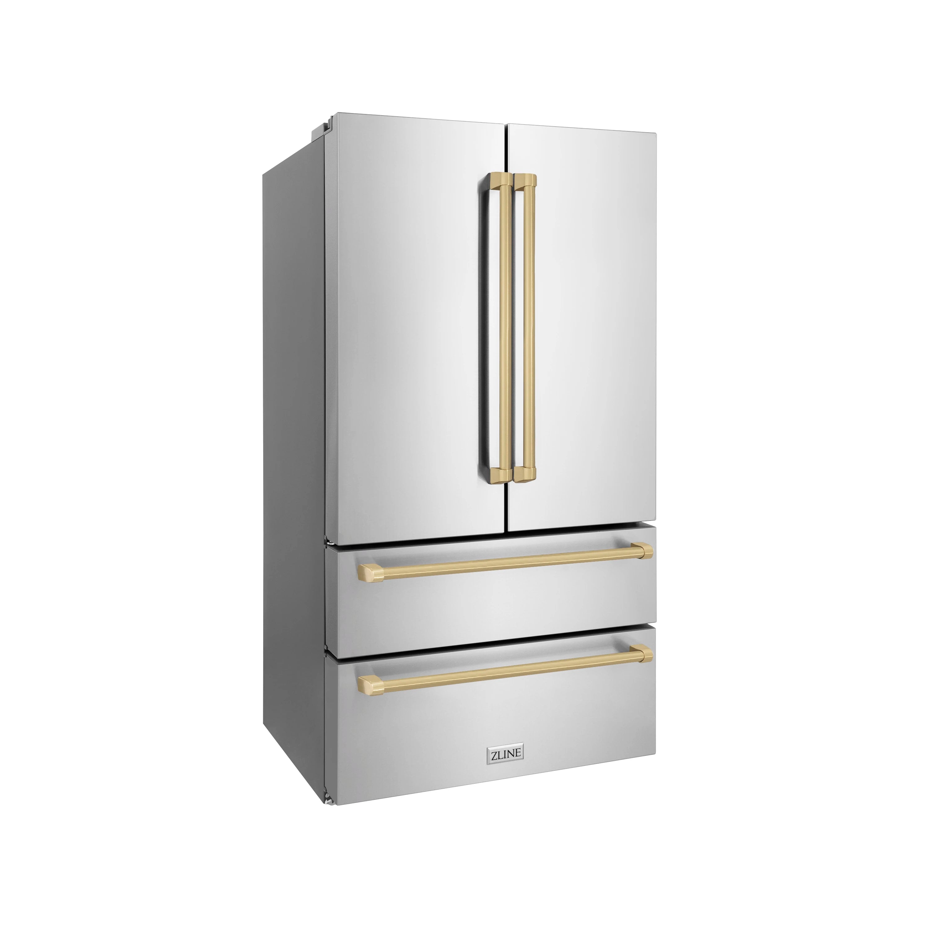 Freestanding French door refrigerator exterior in stainless steel with champagne bronze handles