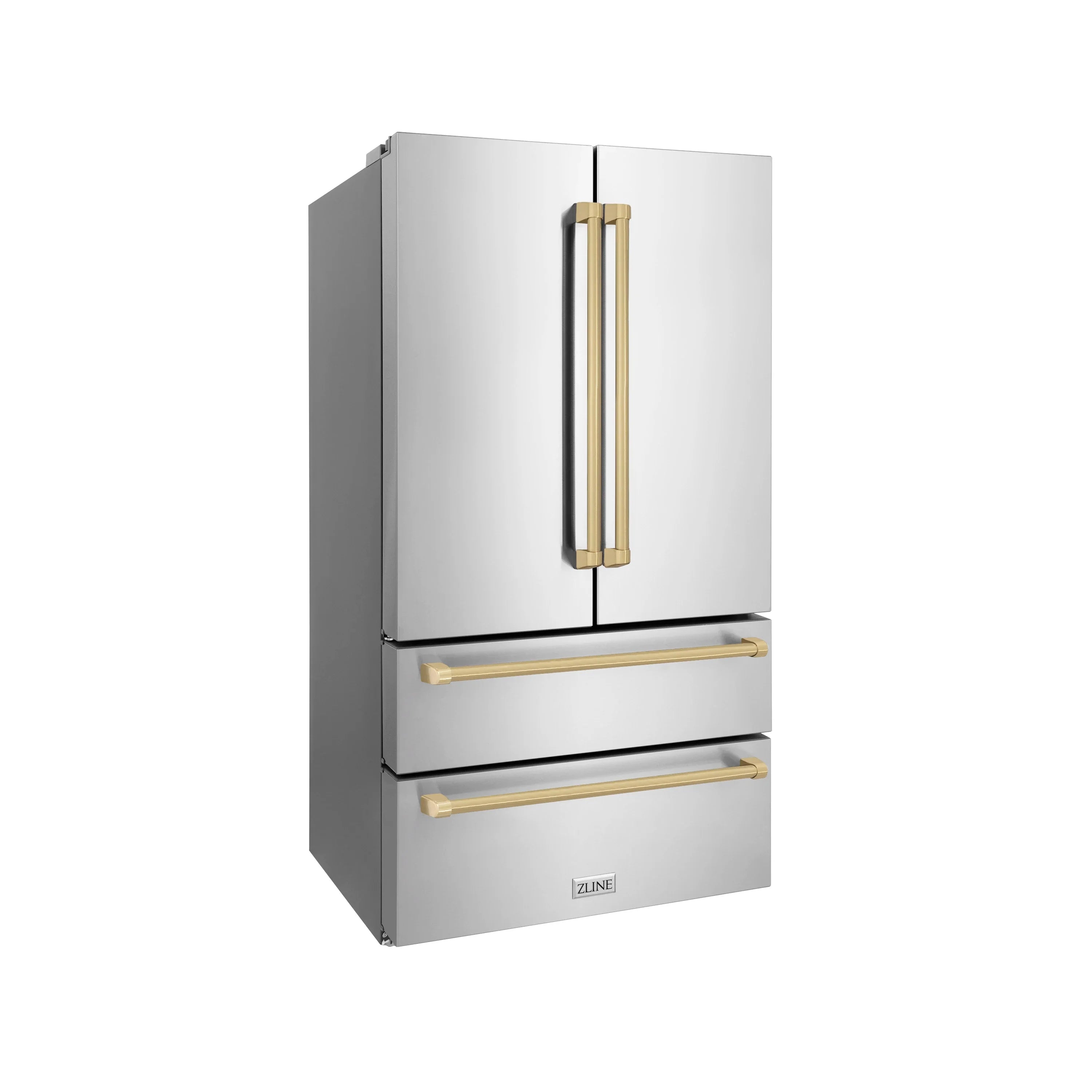 French door refrigerator side view in stainless steel with champagne bronze vertical handle.