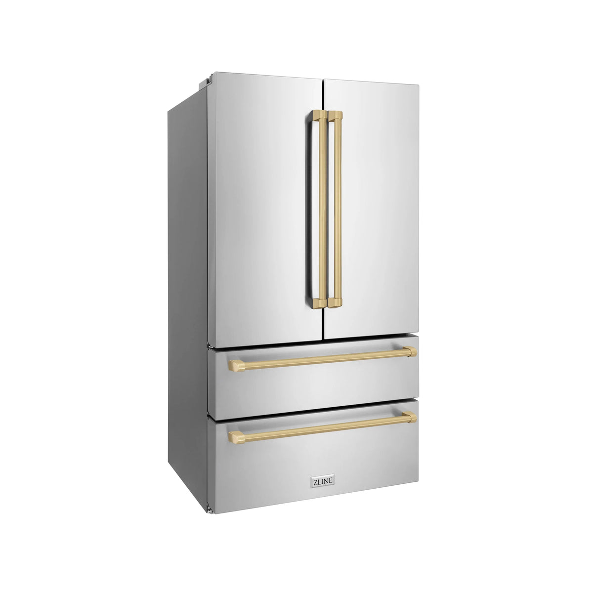 Stainless refrigerator with champagne bronze handles and two drawer pull bars