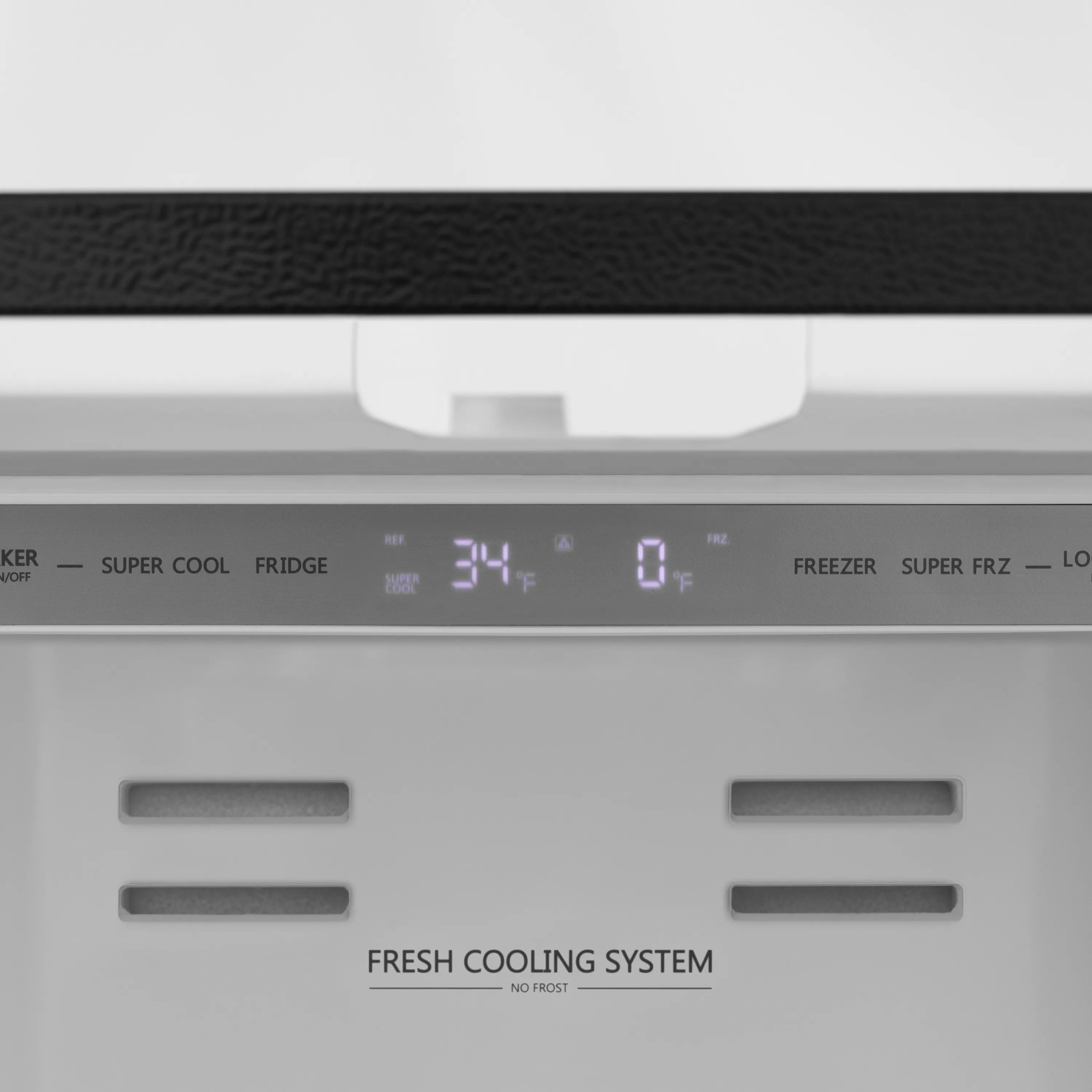 Refrigerator front control panel showing Fresh Cooling System and temperature indicators