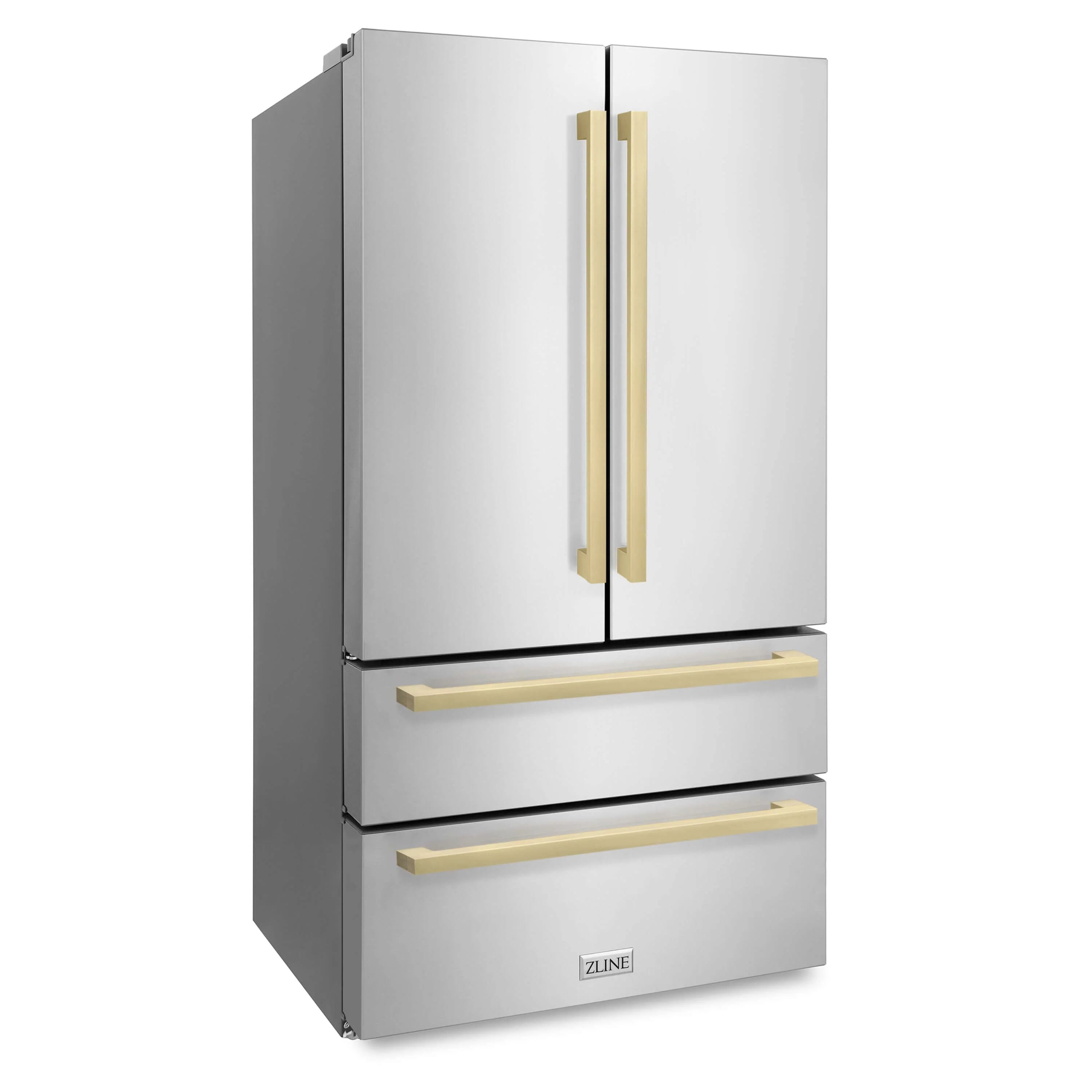 Stainless steel French door refrigerator with champagne bronze square handles