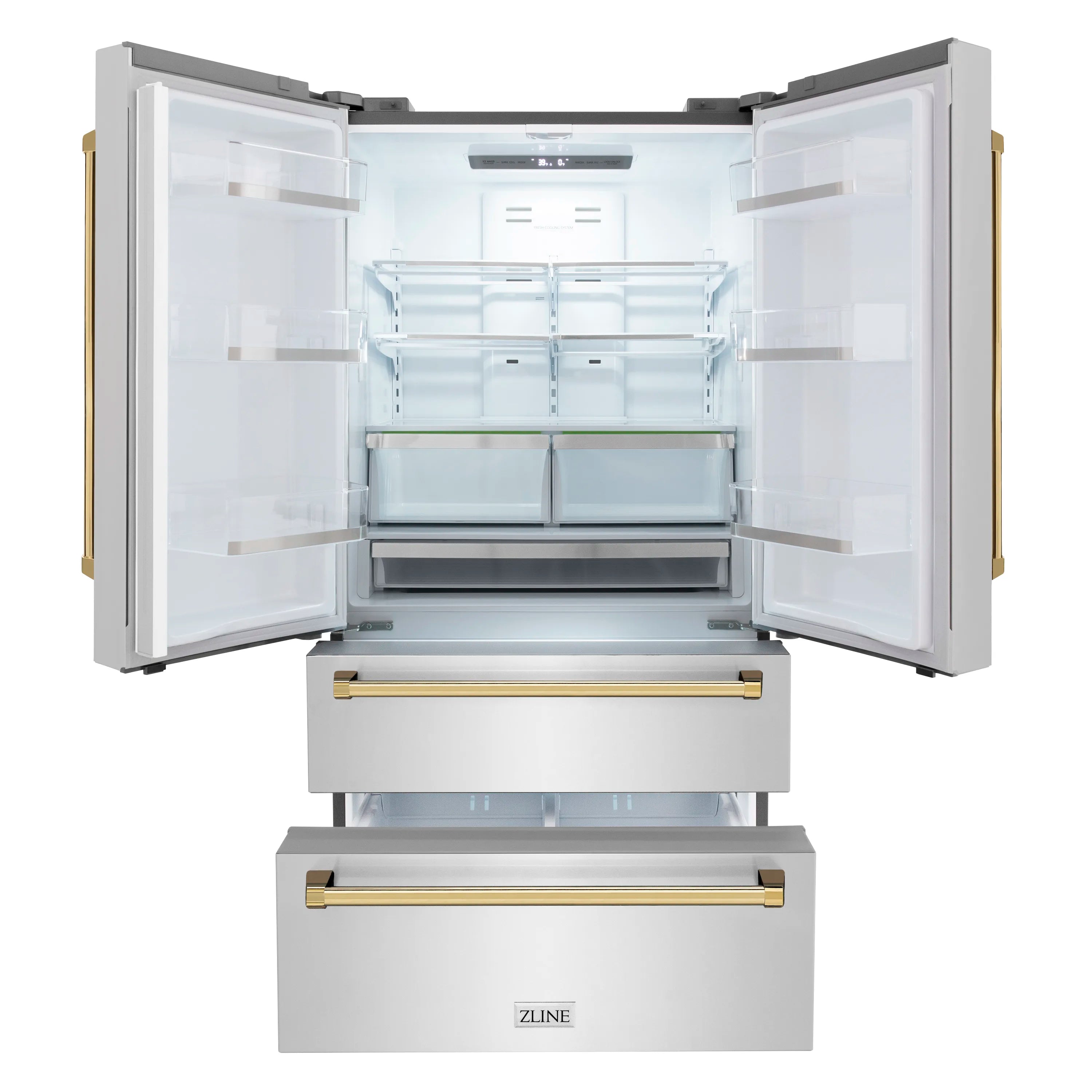 Freestanding French-door refrigerator with open doors, drawers, and gold trim