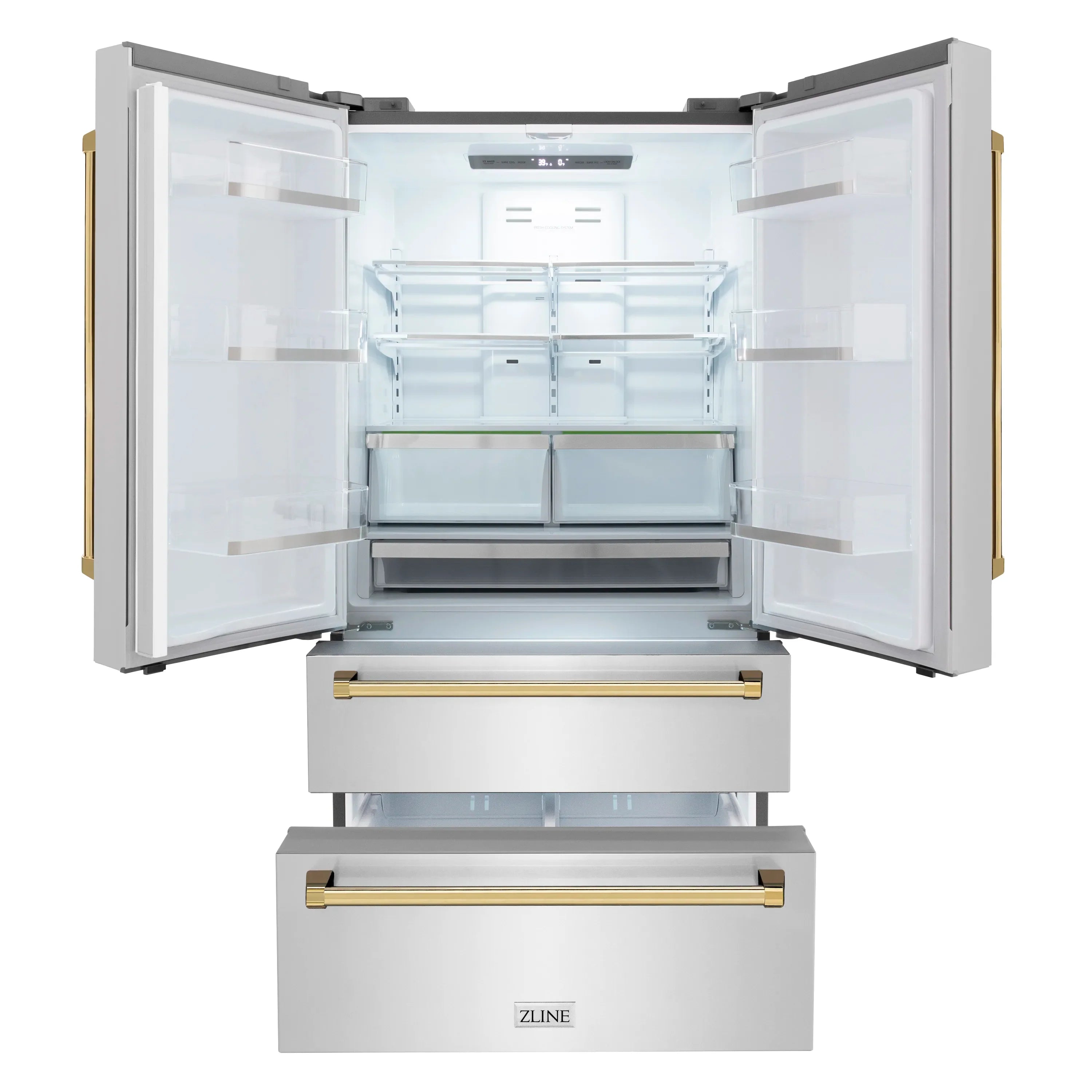 ZLINE French door refrigerator interior with drawers and gold bar handles, open