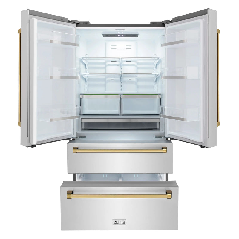 ZLINE 5-Piece Appliance Package - 36-Inch Gas Range, Hood, Refrigerator, Dishwasher, and Microwave Drawer in Stainless Steel with Gold Accents