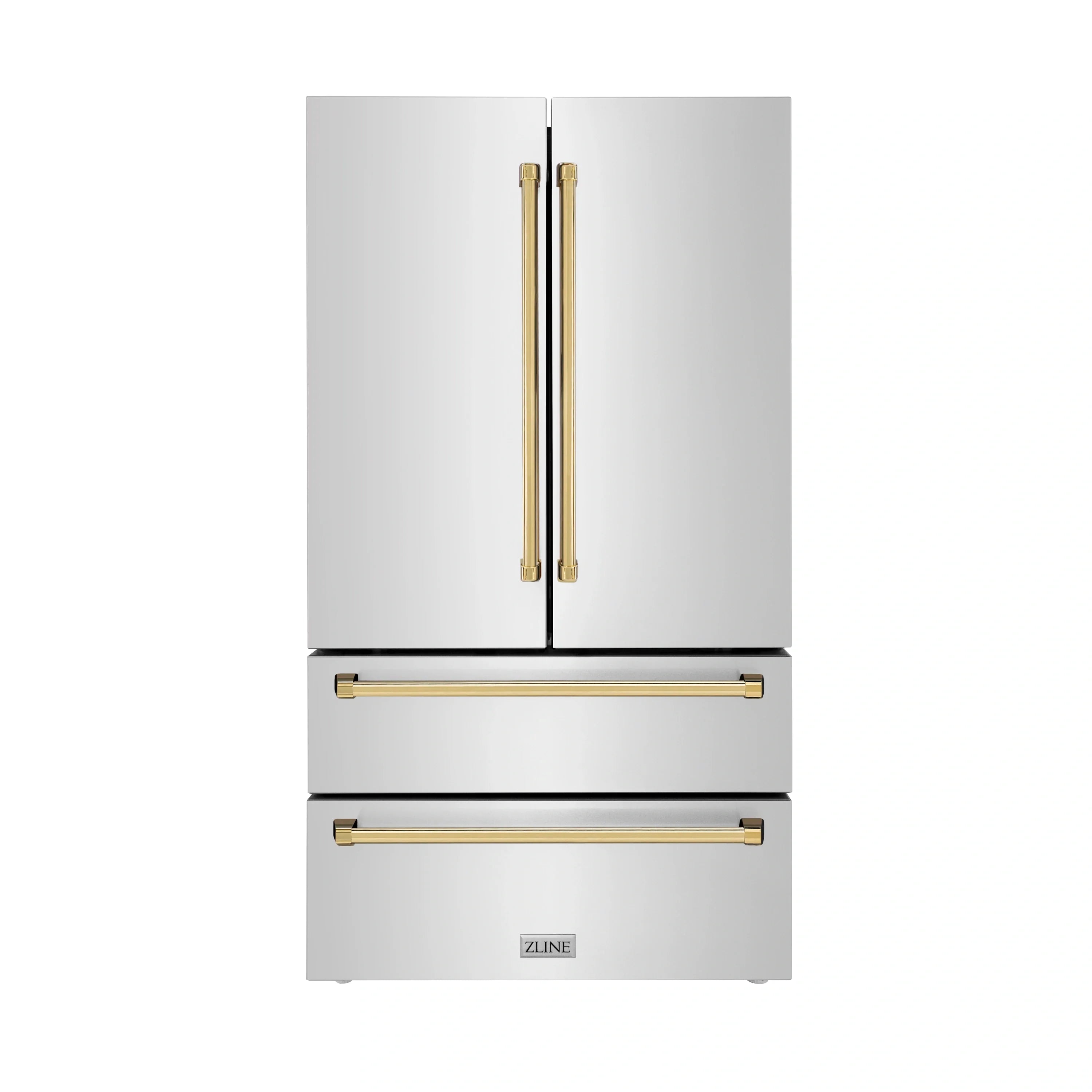 White French door refrigerator with two gold handles and bottom drawers
