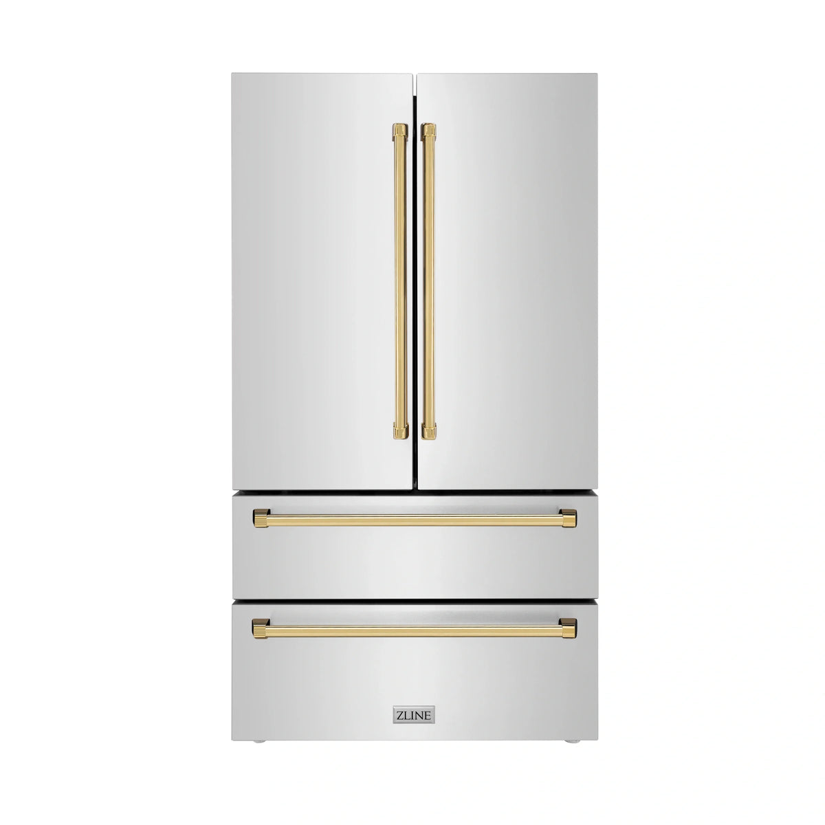 ZLINE stainless refrigerator with two doors and gold handle rails
