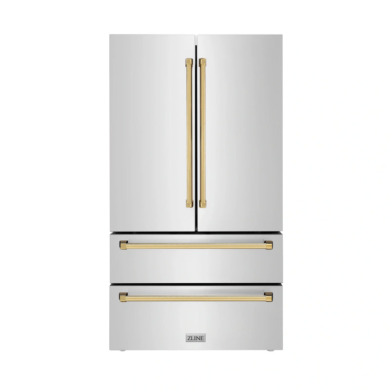 ZLINE 5-Piece Appliance Package - 36-Inch Gas Range, Hood, Refrigerator, Dishwasher, and Microwave Drawer in Stainless Steel with Gold Accents