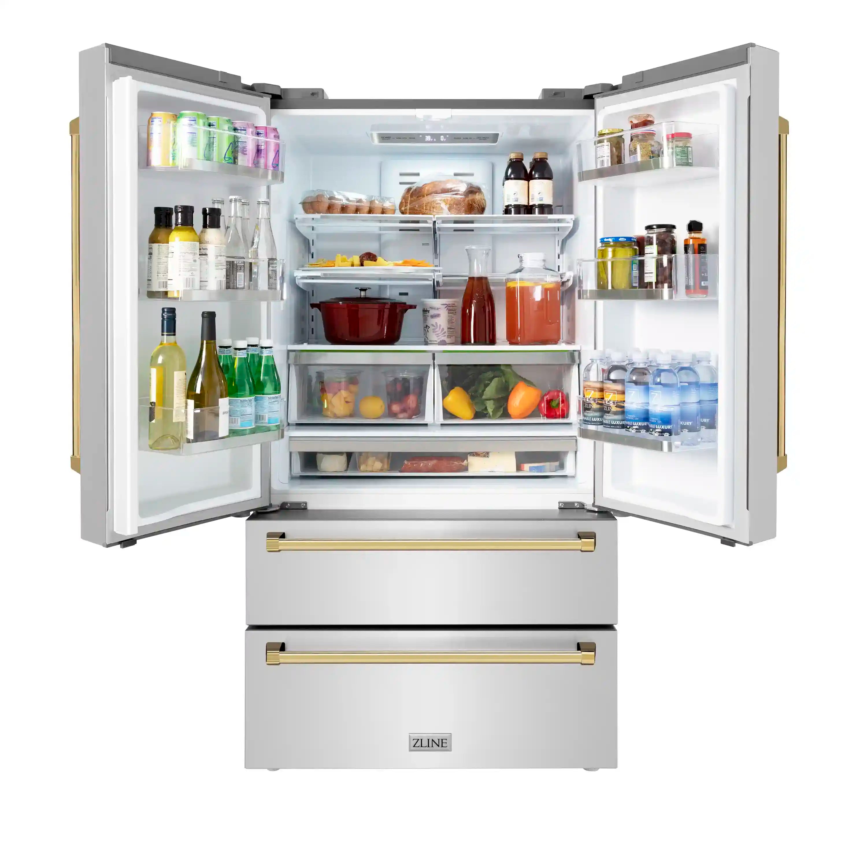 French-door refrigerator open with stocked shelves, drawers, and gold trim