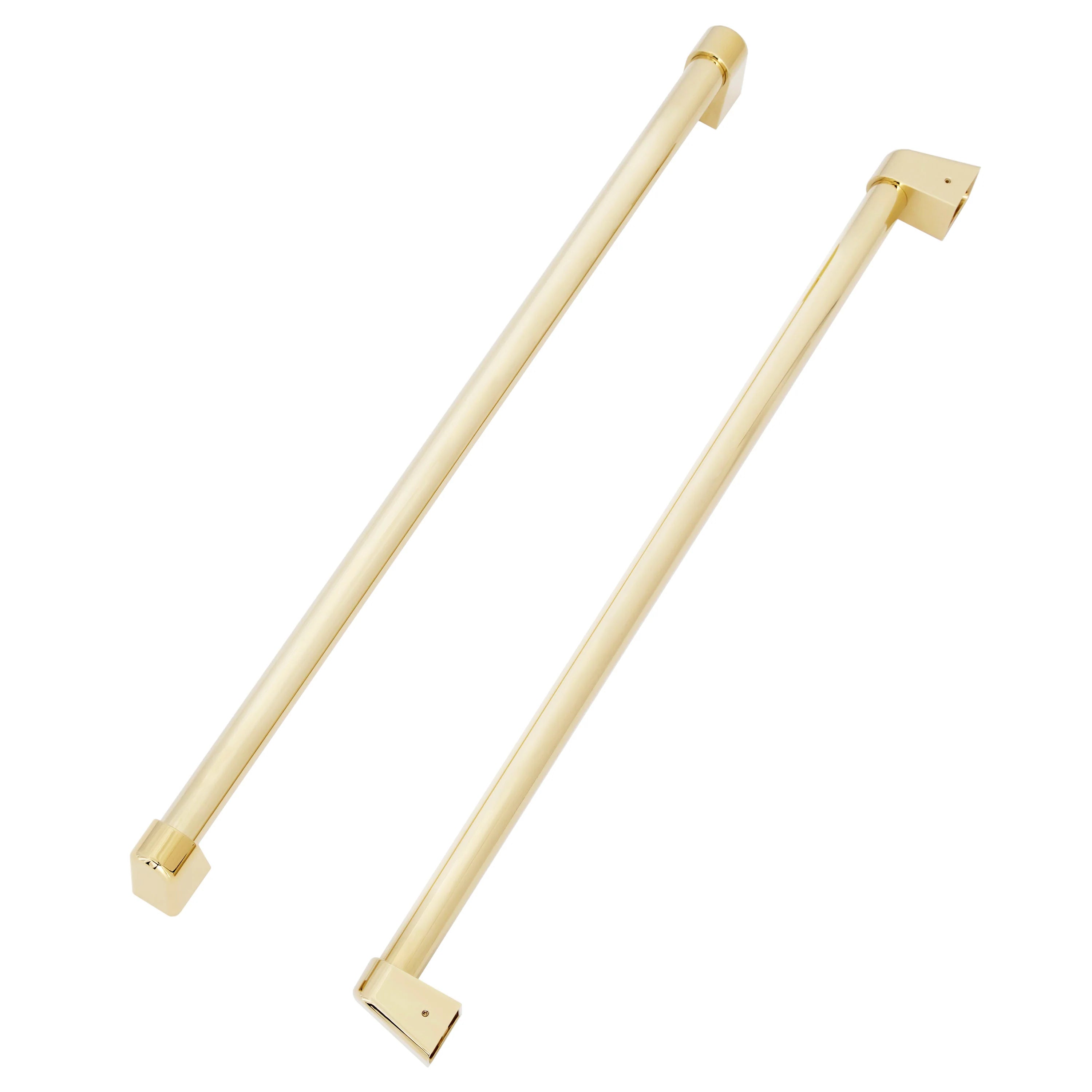 Polished gold traditional vertical refrigerator handles with end caps and mounting base
