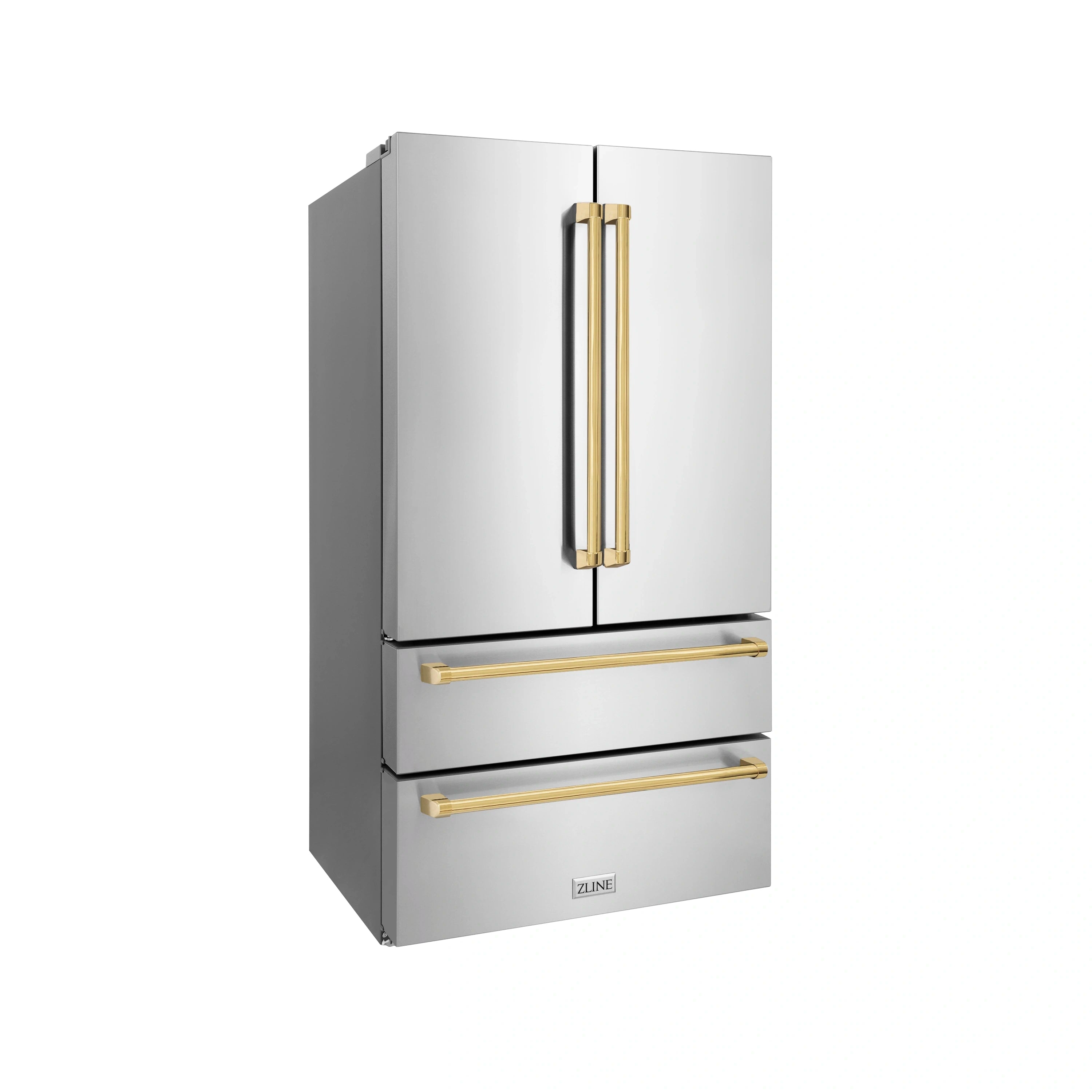 Freestanding French-door refrigerator with gold handles and sleek white exterior
