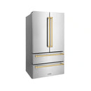 ZLINE 4-Piece Appliance Package - 36-Inch Gas Range, Hood, Refrigerator, and Dishwasher in Stainless Steel with Gold Accents
