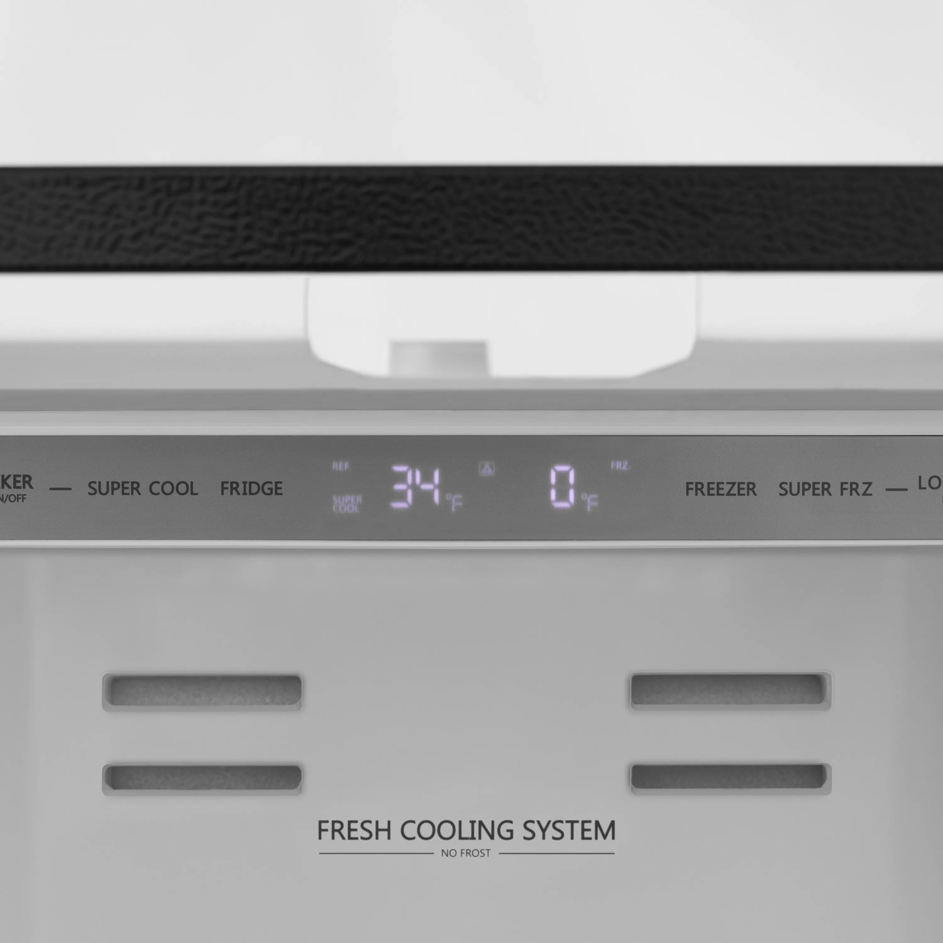 Stainless steel refrigerator control panel with digital temperature display and vents