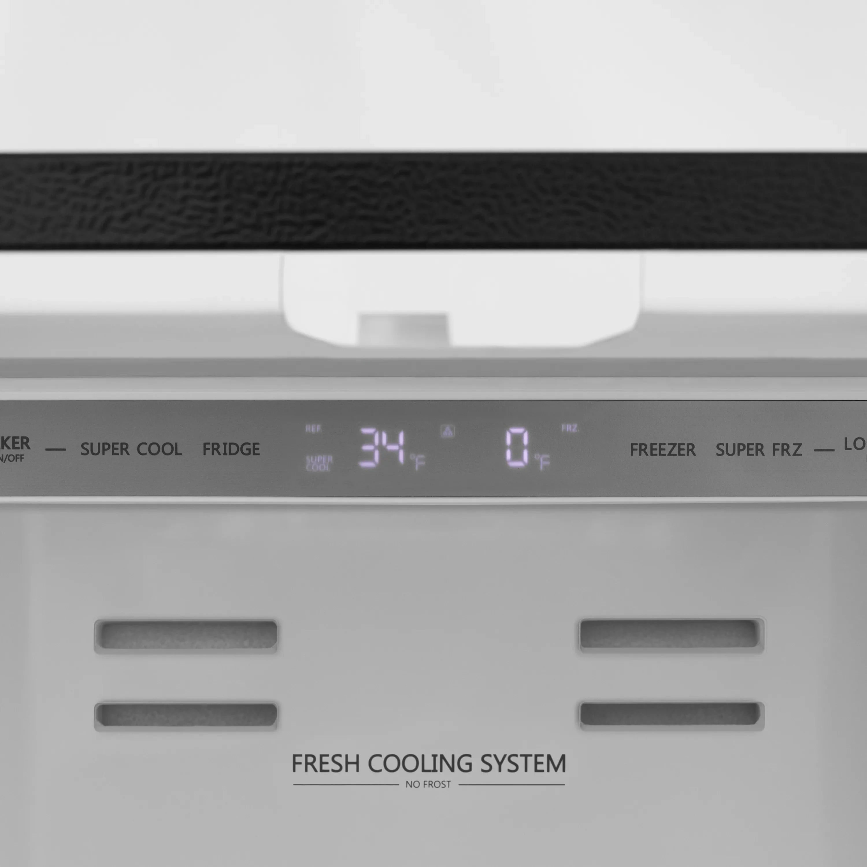 Stainless steel refrigerator control panel with digital temperature display and vents