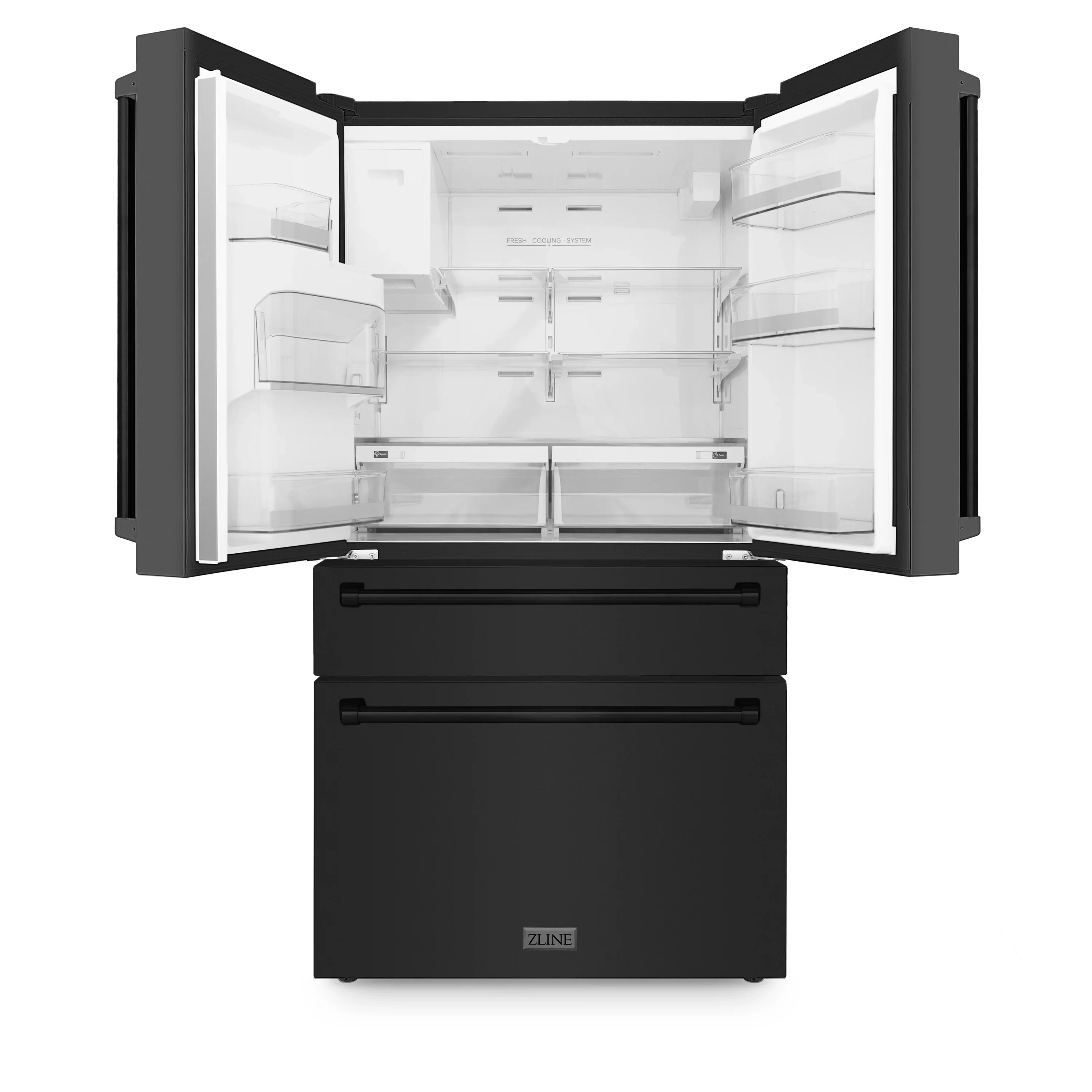 Open black French-door refrigerator with interior shelves and a closed bottom drawer