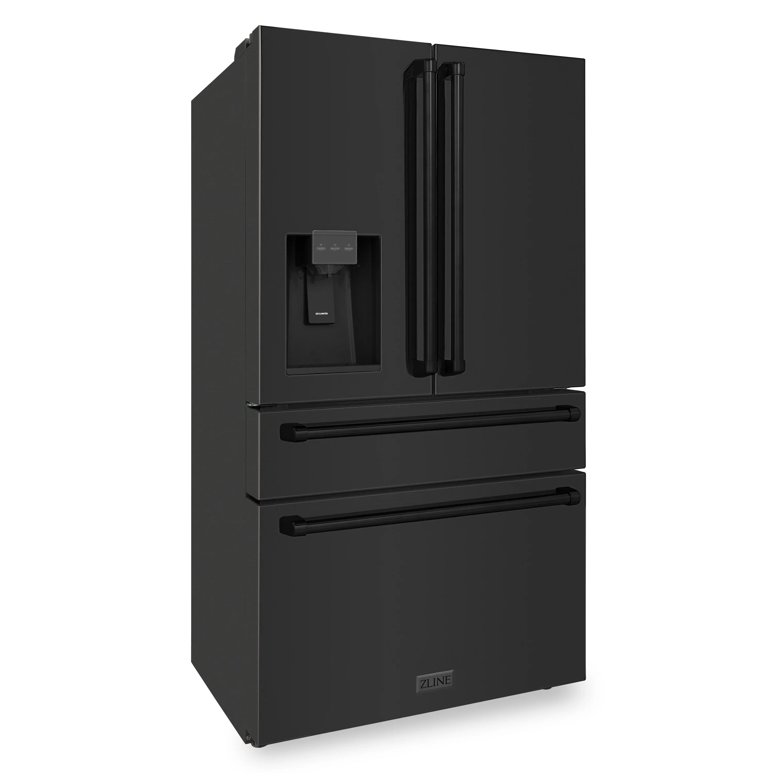 Black stainless French door refrigerator exterior with water dispenser