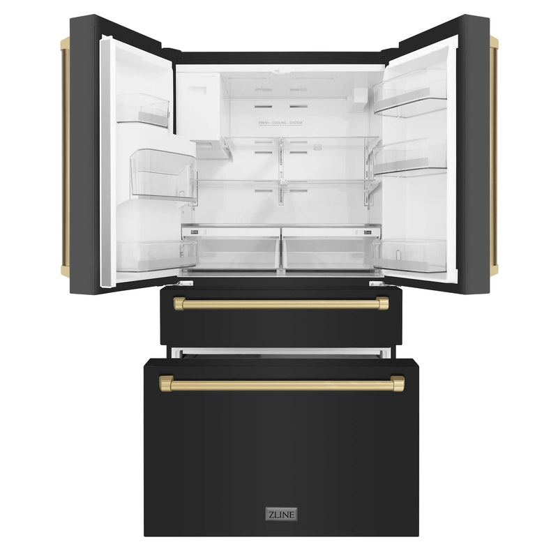 ZLINE 36-Inch Autograph Edition 21.6 cu. ft Freestanding French Door Refrigerator with Water and Ice Dispenser in Fingerprint Resistant Black Stainless Steel with Champagne Bronze Handles (RFMZ-W-36-BS-CB)