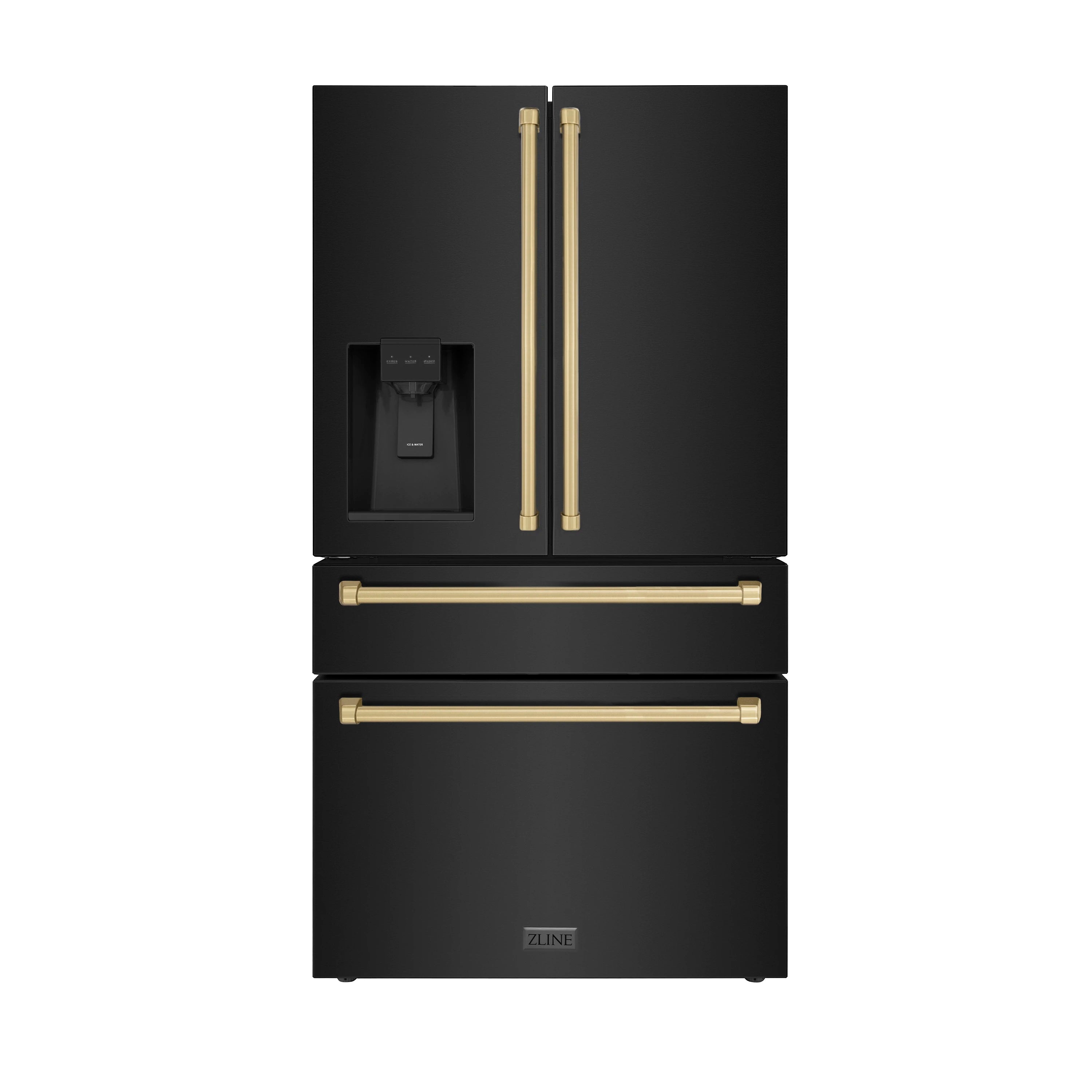 Black stainless refrigerator with champagne-bronze handles and dispenser panel on front view