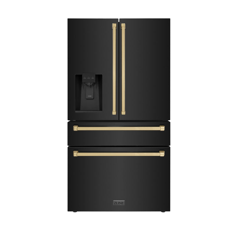 ZLINE 36-Inch Autograph Edition 21.6 cu. ft Freestanding French Door Refrigerator with Water and Ice Dispenser in Fingerprint Resistant Black Stainless Steel with Champagne Bronze Handles (RFMZ-W-36-BS-CB)