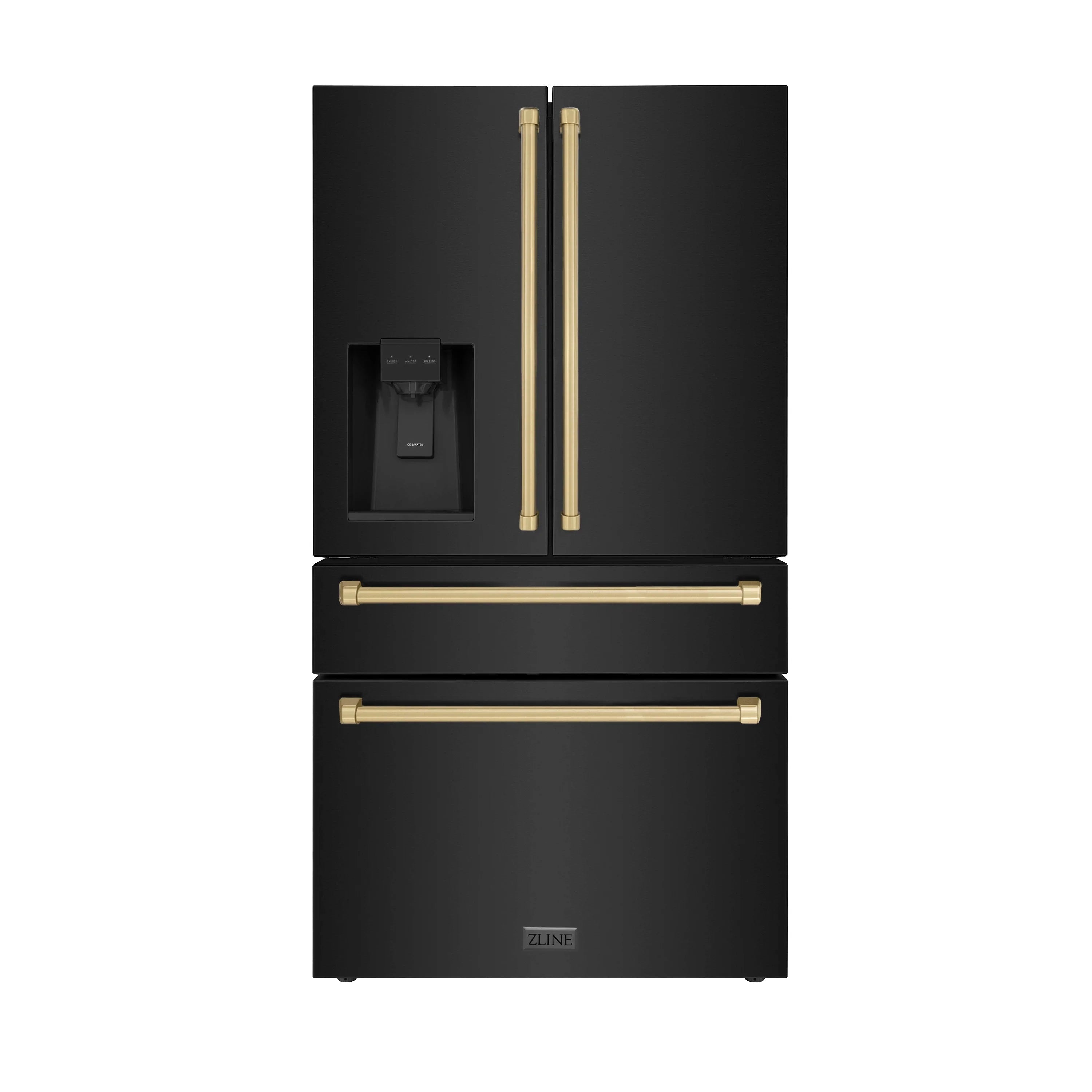 Black stainless French-door refrigerator with champagne bronze handles and water dispenser