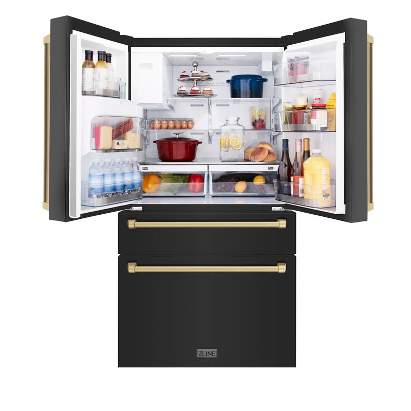 ZLINE 5-Piece Appliance Package - 36-Inch Dual Fuel Range, Hood, Refrigerator with Water Dispenser, Dishwasher, and Microwave Drawer in Black Stainless Steel with Champagne Bronze Accents