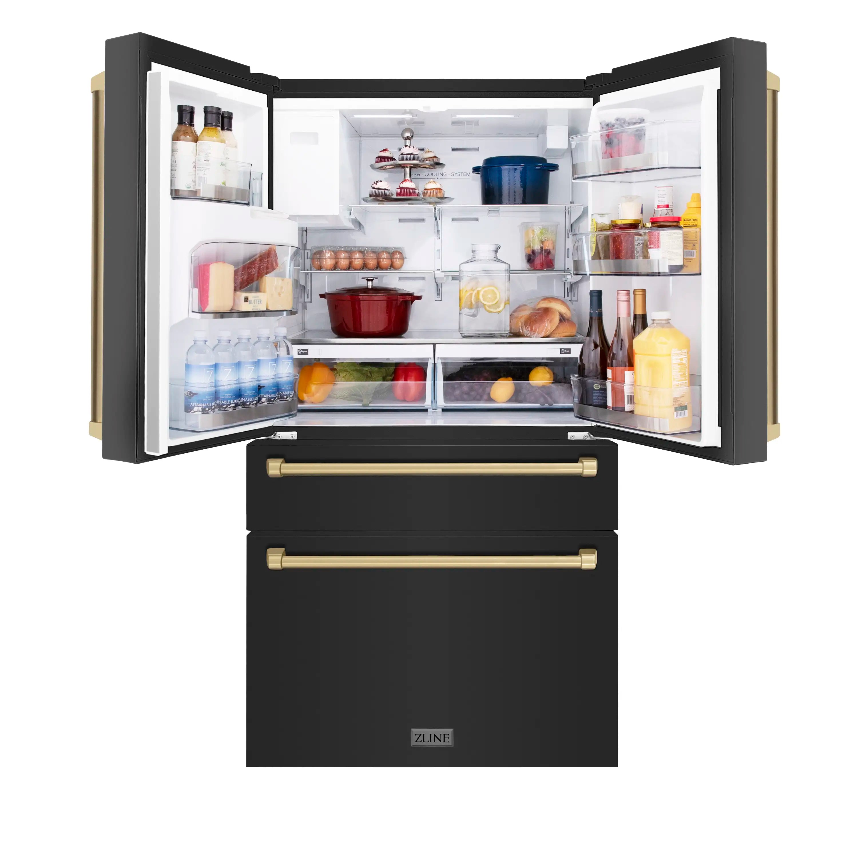 Open black stainless French door refrigerator with interior shelves and bins.