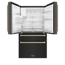 ZLINE 5-Piece Appliance Package - 48-Inch Gas Range, Hood, Refrigerator with Water Dispenser, Dishwasher, and Microwave Drawer in Black Stainless Steel with Champagne Bronze Accents