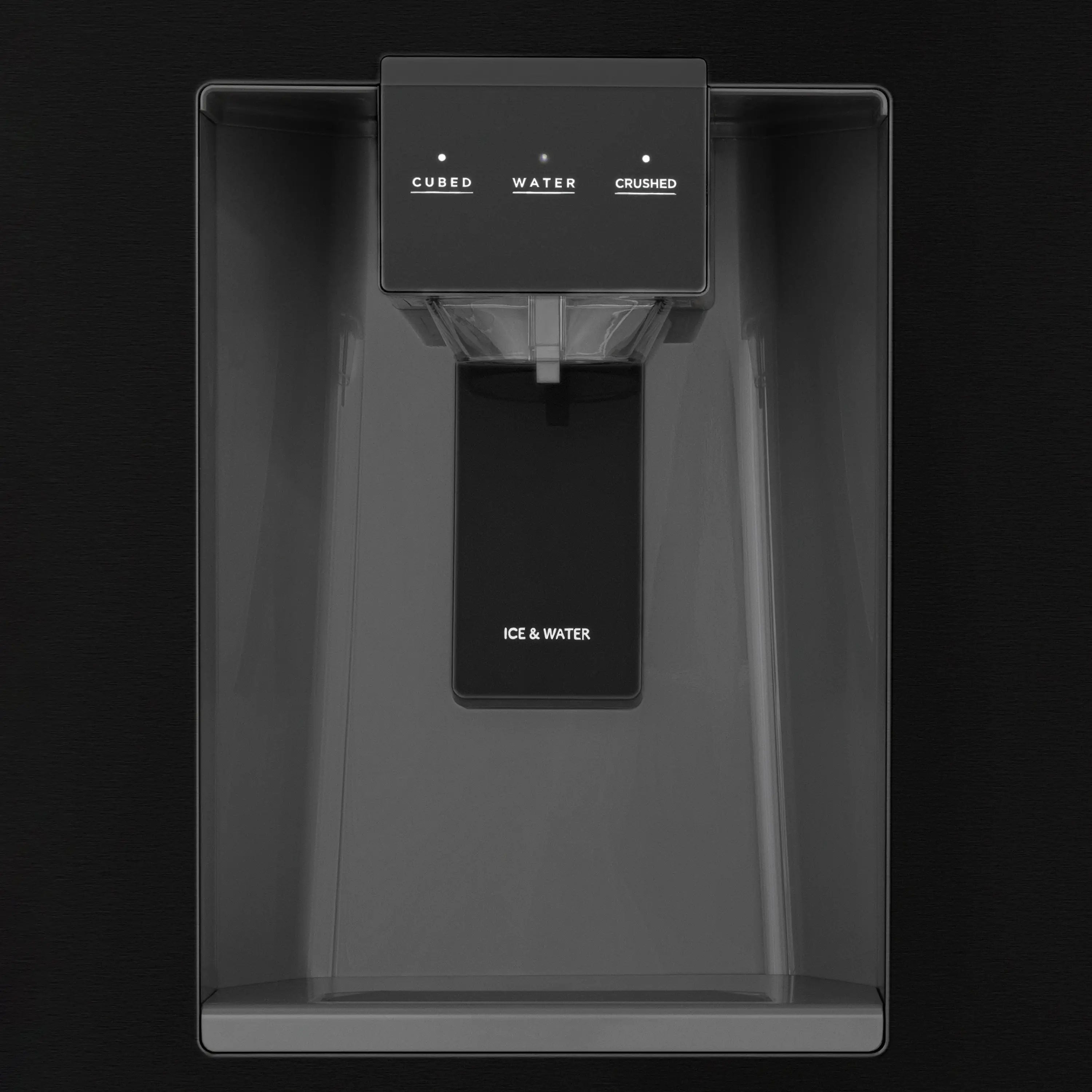 French door refrigerator with ice and water dispenser panel in dark finish
