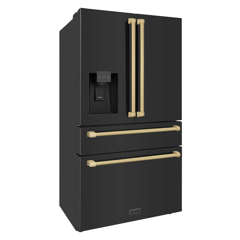 ZLINE 5-Piece Appliance Package - 36-Inch Gas Range, Hood, Refrigerator with Water Dispenser, Dishwasher, and Microwave Drawer in Black Stainless Steel with Champagne Bronze Accents