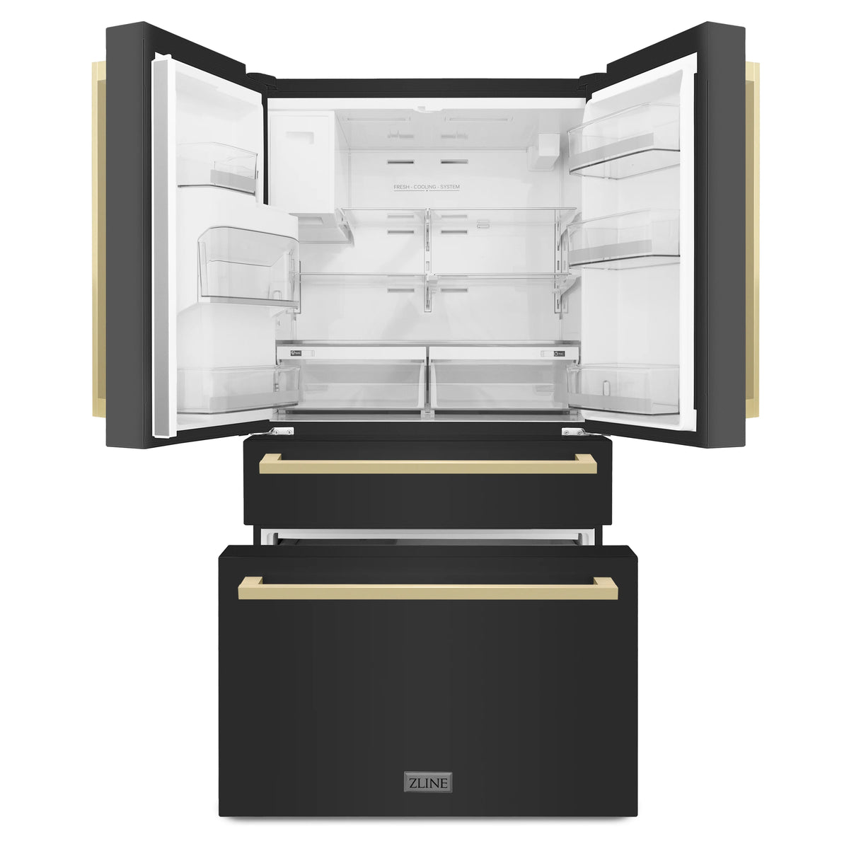 Black stainless French door refrigerator with doors open and champagne bronze handle bars