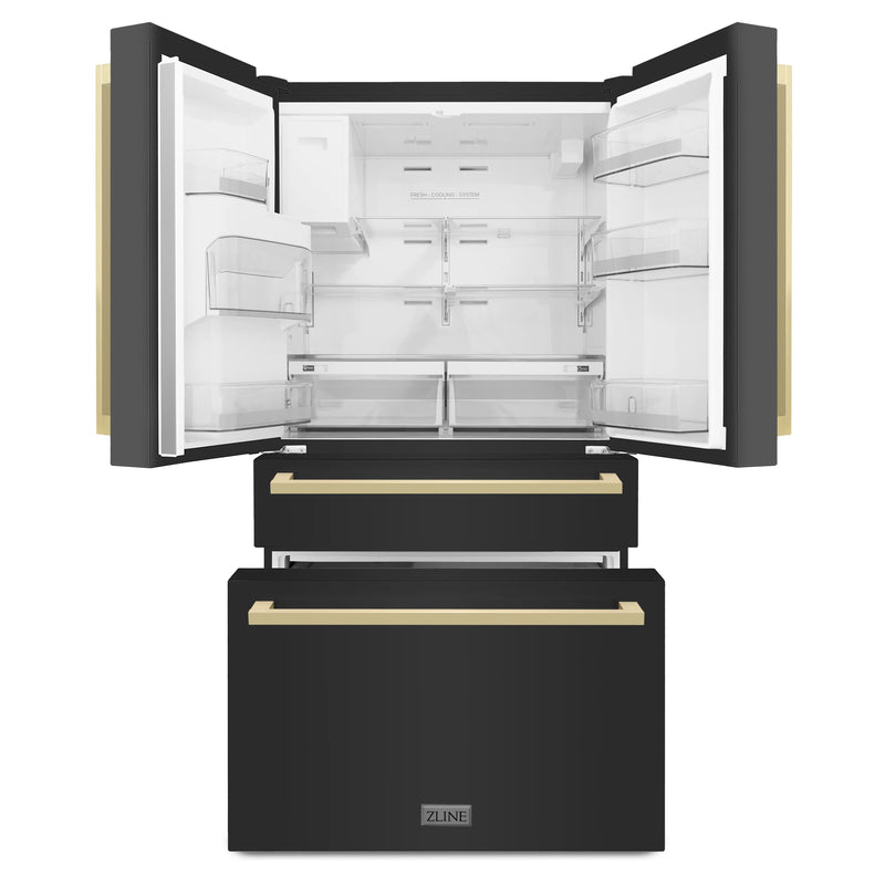 ZLINE 36-Inch Autograph Edition 21.6 cu. ft 4-Door French Door Refrigerator with Water and Ice Dispenser in Black Stainless Steel with Champagne Bronze Square Handles (RFMZ-W36-BS-FCB)