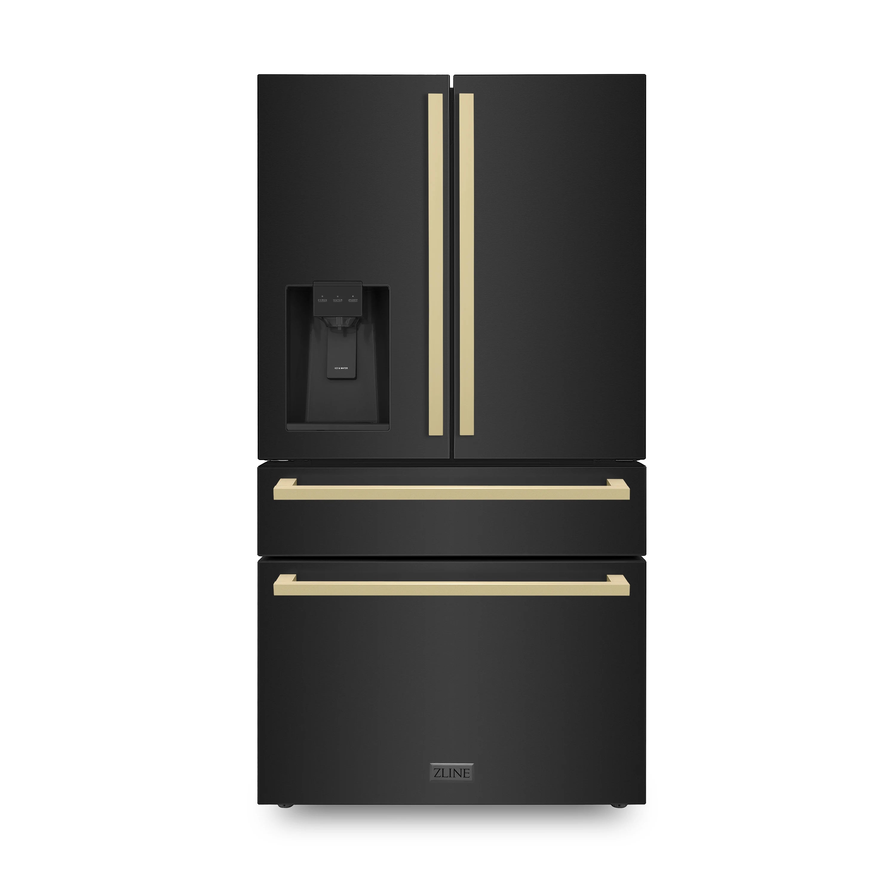 Black stainless French door refrigerator with champagne bronze handle bars and dispenser
