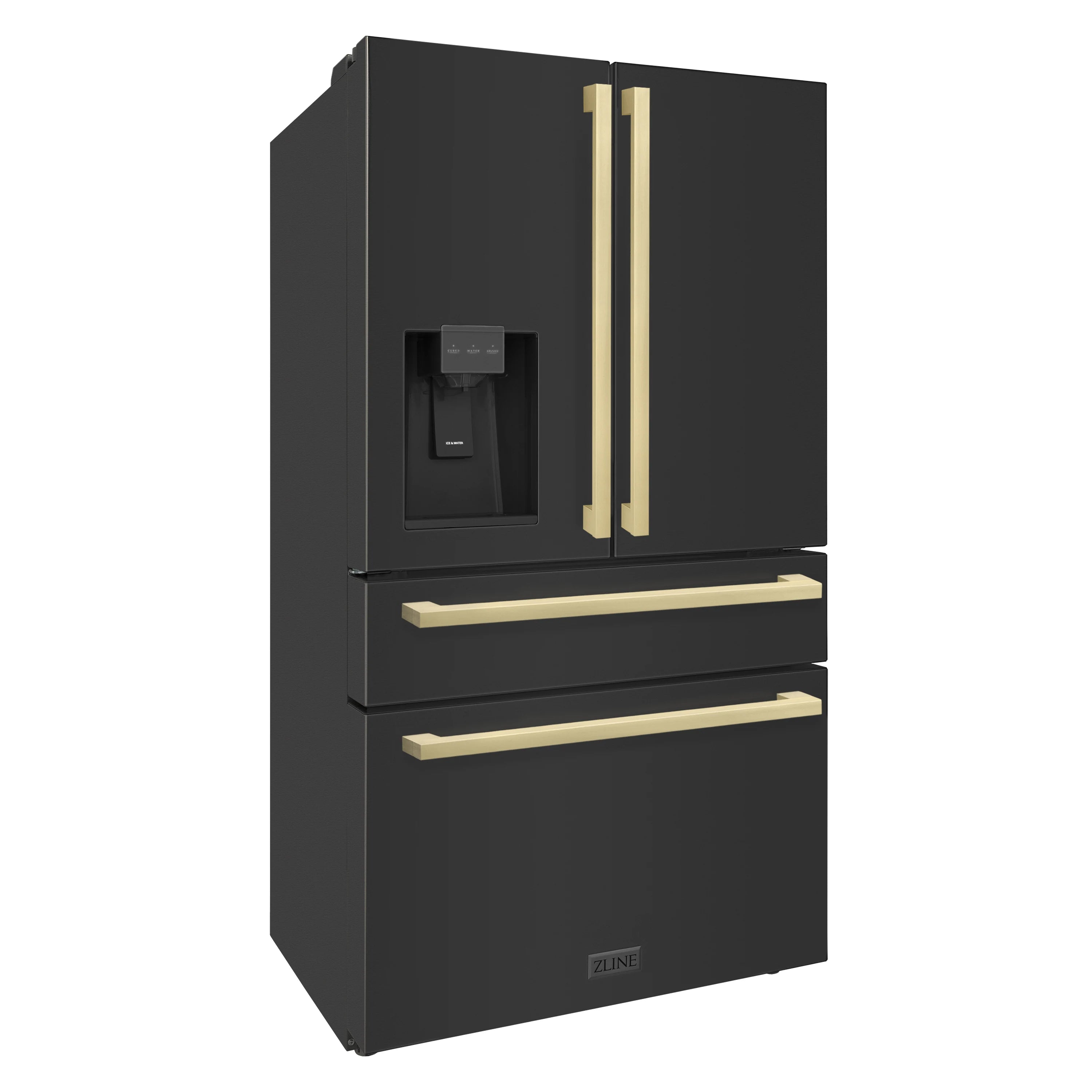 Black stainless French door refrigerator with champagne bronze handle bars and lower drawer