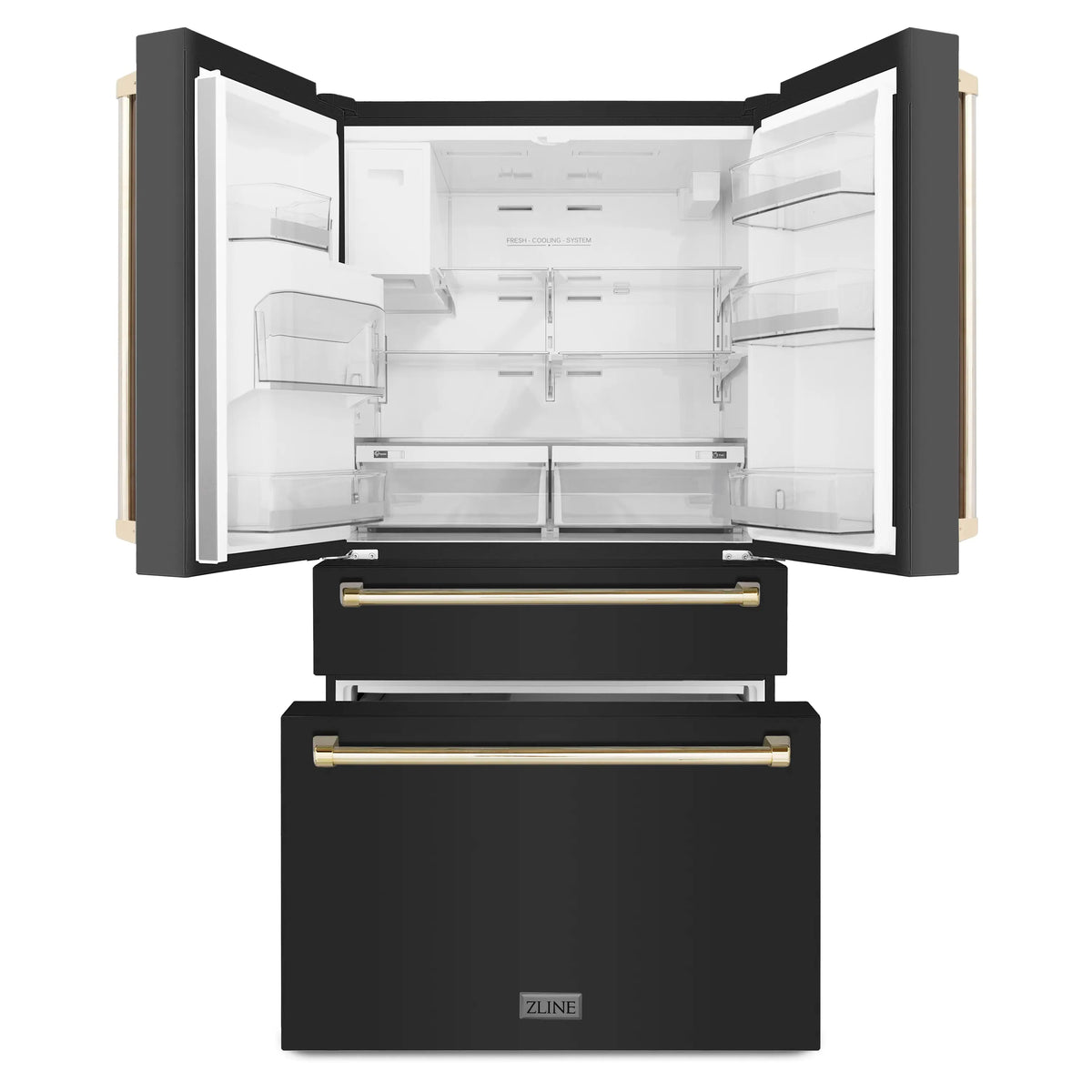 Black stainless refrigerator with open doors, white interior shelves and gold door handles