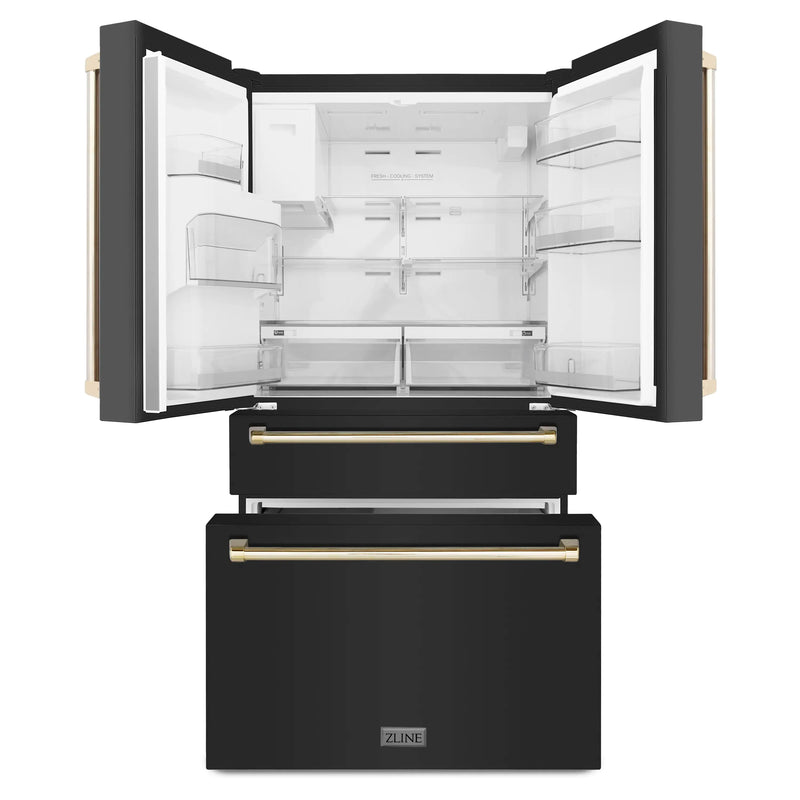 ZLINE 5-Piece Appliance Package - 30-Inch Gas Range, Hood, Refrigerator with Water Dispenser, Dishwasher, and Microwave Drawer in Black Stainless Steel with Gold Accents