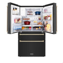 ZLINE 5-Piece Appliance Package - 36-Inch Gas Range, Hood, Refrigerator with Water Dispenser, Dishwasher, and Microwave Drawer in Black Stainless Steel with Gold Accents