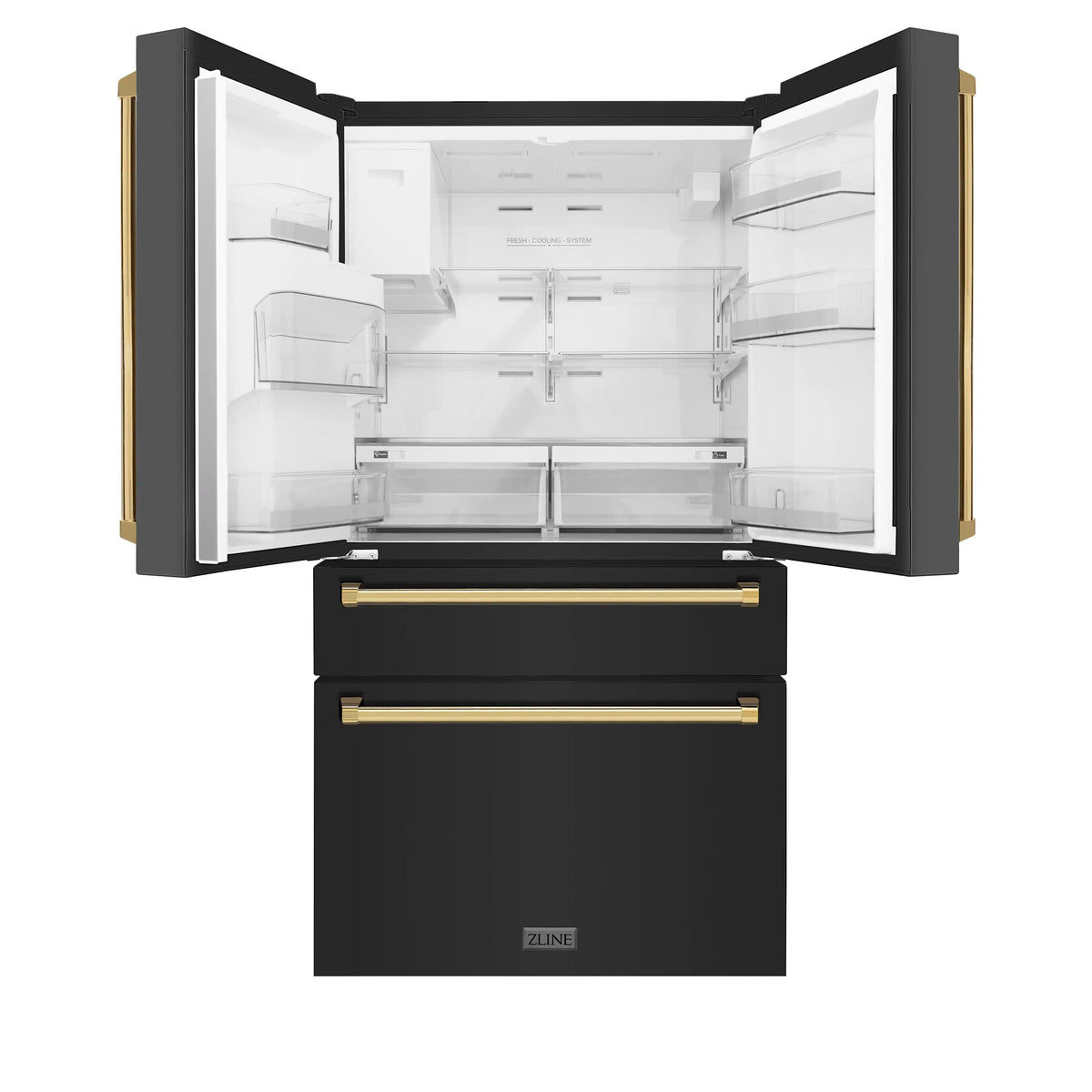 Black stainless refrigerator with doors open, showing shelves and interior storage