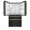 ZLINE 5-Piece Appliance Package - 48-Inch Legacy Dual Fuel Range, Wall Mount Range Hood, 36-Inch French Door Refrigerator with Water Dispenser, Dishwasher, and 30-Inch Microwave Drawer in Black Stainless Steel with Gold Accents