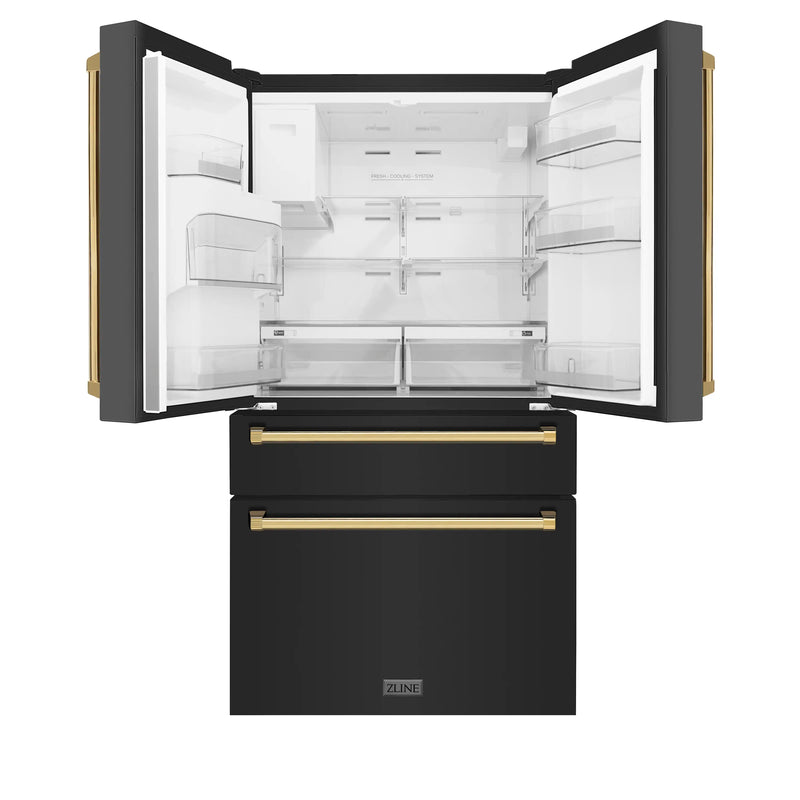 ZLINE 5-Piece Appliance Package - 30-Inch Gas Range, Hood, Refrigerator with Water Dispenser, Dishwasher, and Microwave Drawer in Black Stainless Steel with Gold Accents
