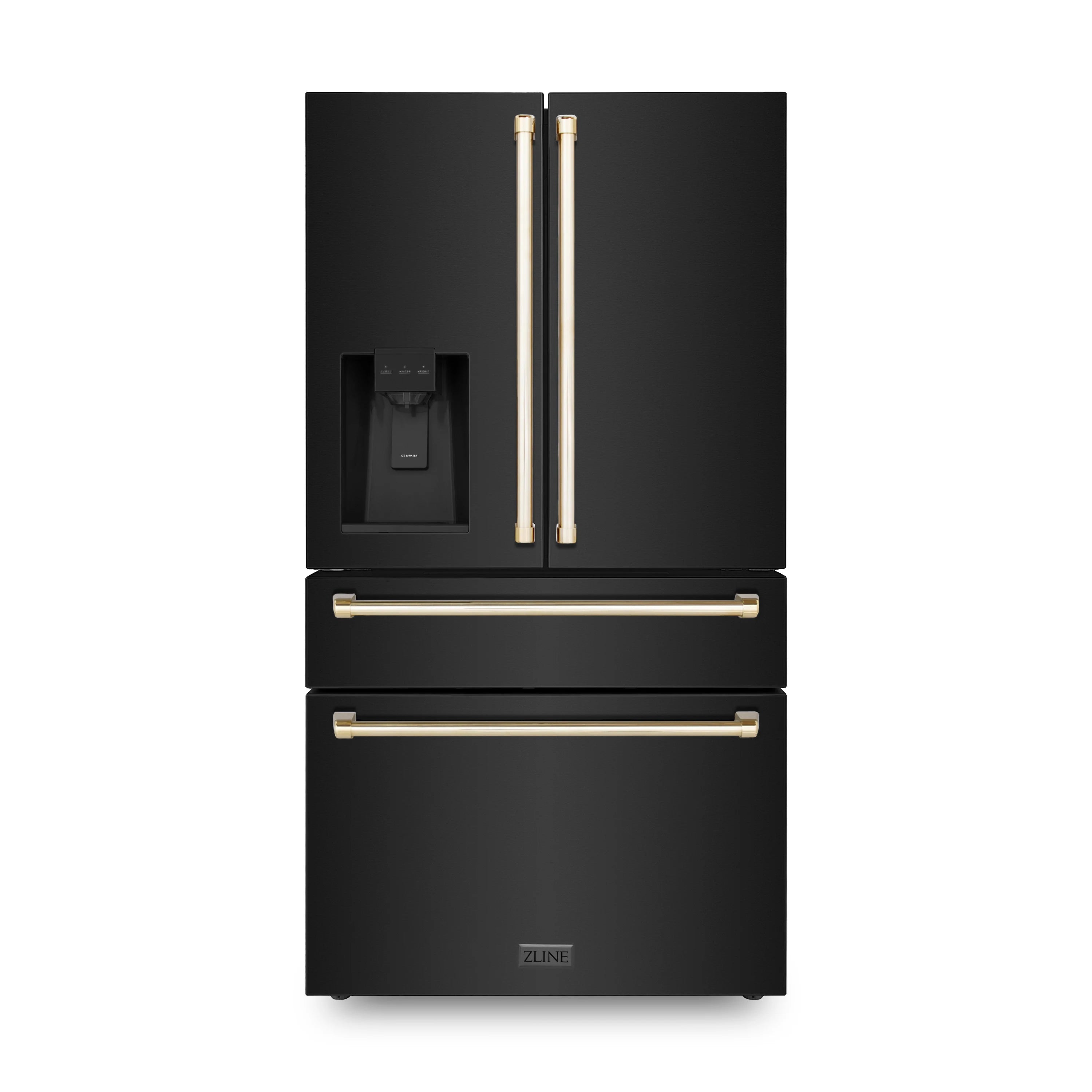 Black stainless steel refrigerator with French doors and gold handles, closed front view