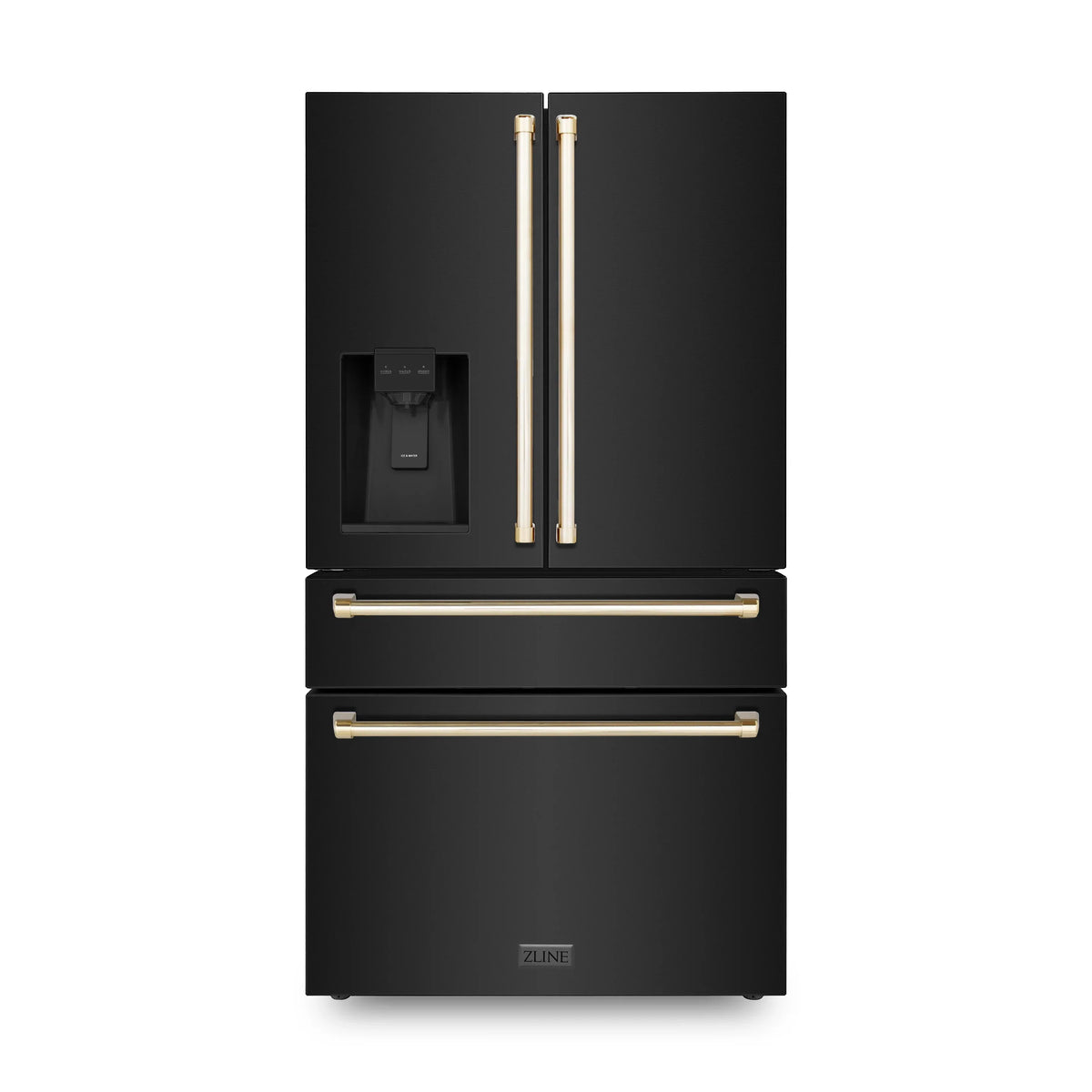 Black stainless refrigerator with top water dispenser and gold handles