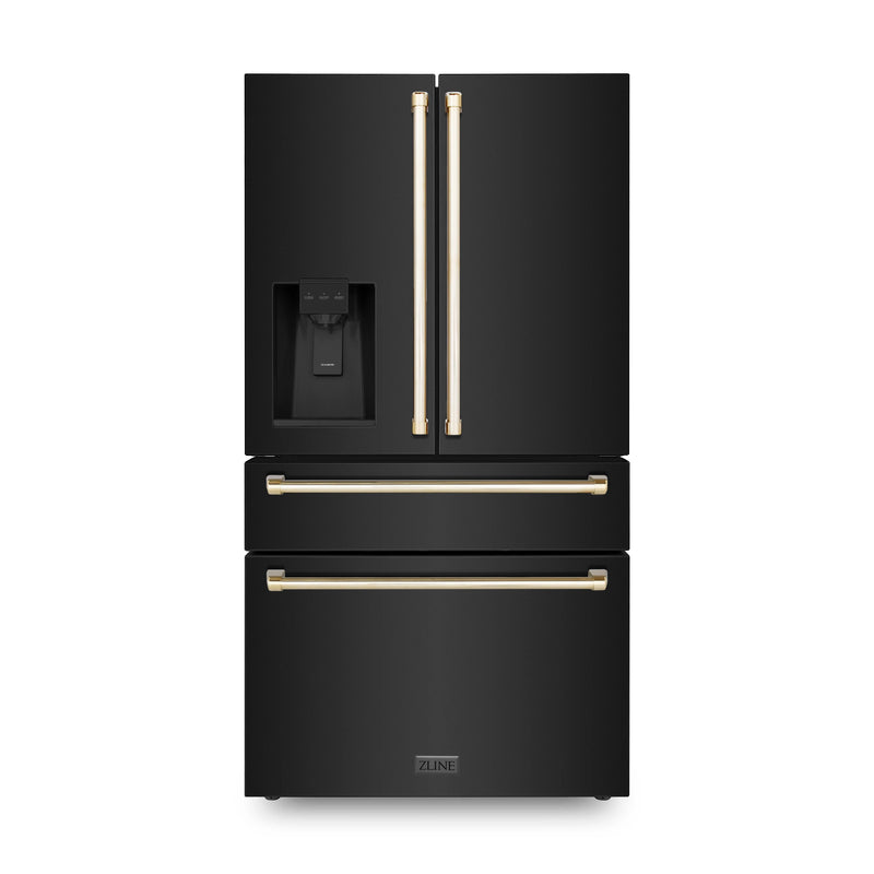 ZLINE 36-Inch Autograph Edition 21.6 cu. ft Freestanding French Door Refrigerator with Water and Ice Dispenser in Fingerprint Resistant Black Stainless Steel with Gold Handles (RFMZ-W-36-BS-G)
