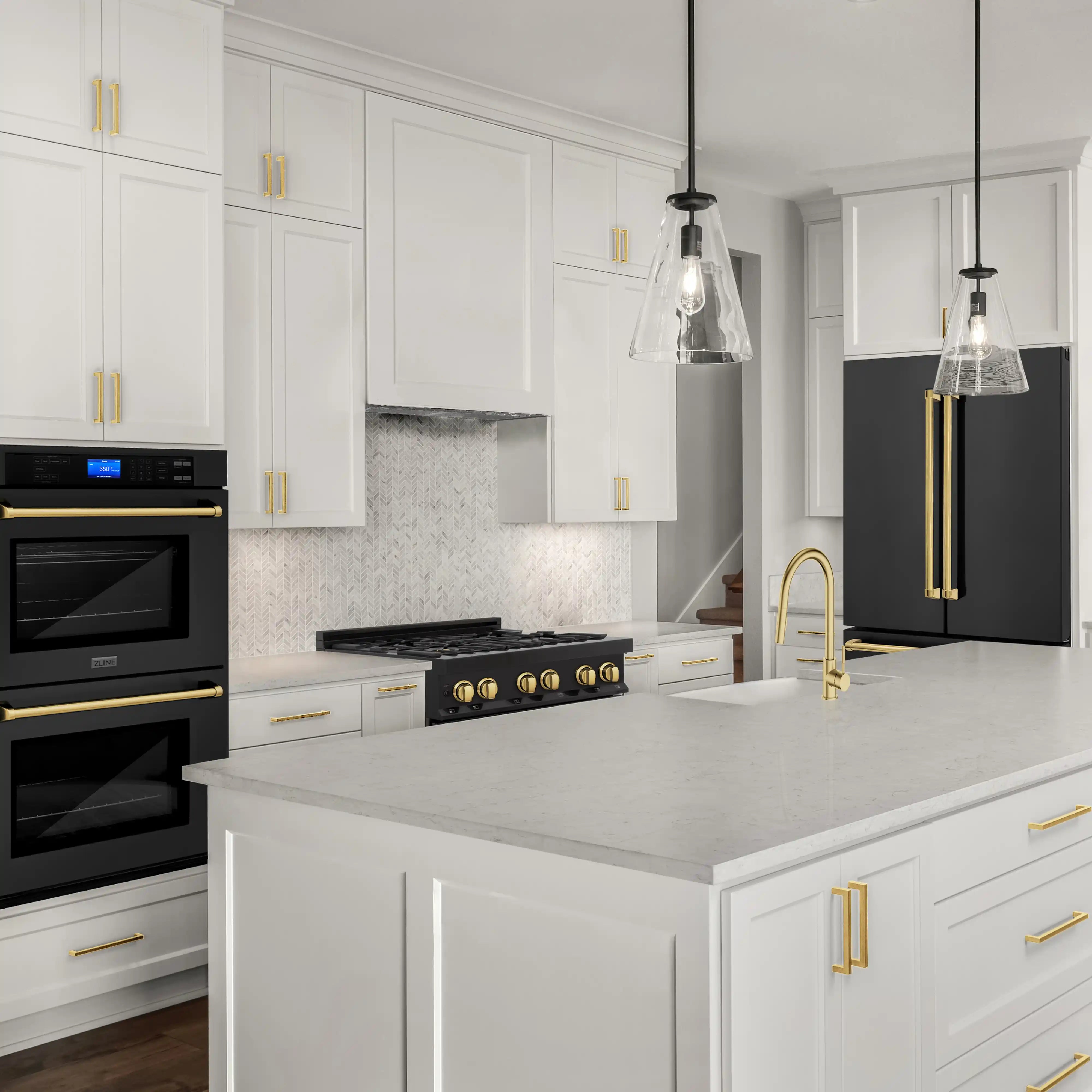 Freestanding French door refrigerator in black stainless with gold handles, shown in kitchen