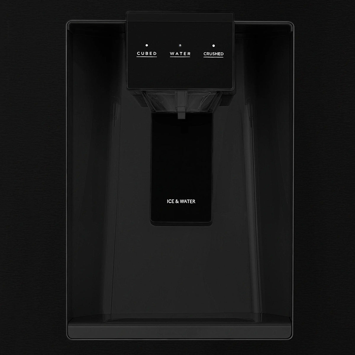 Black refrigerator water dispenser with labeled buttons for ice and water