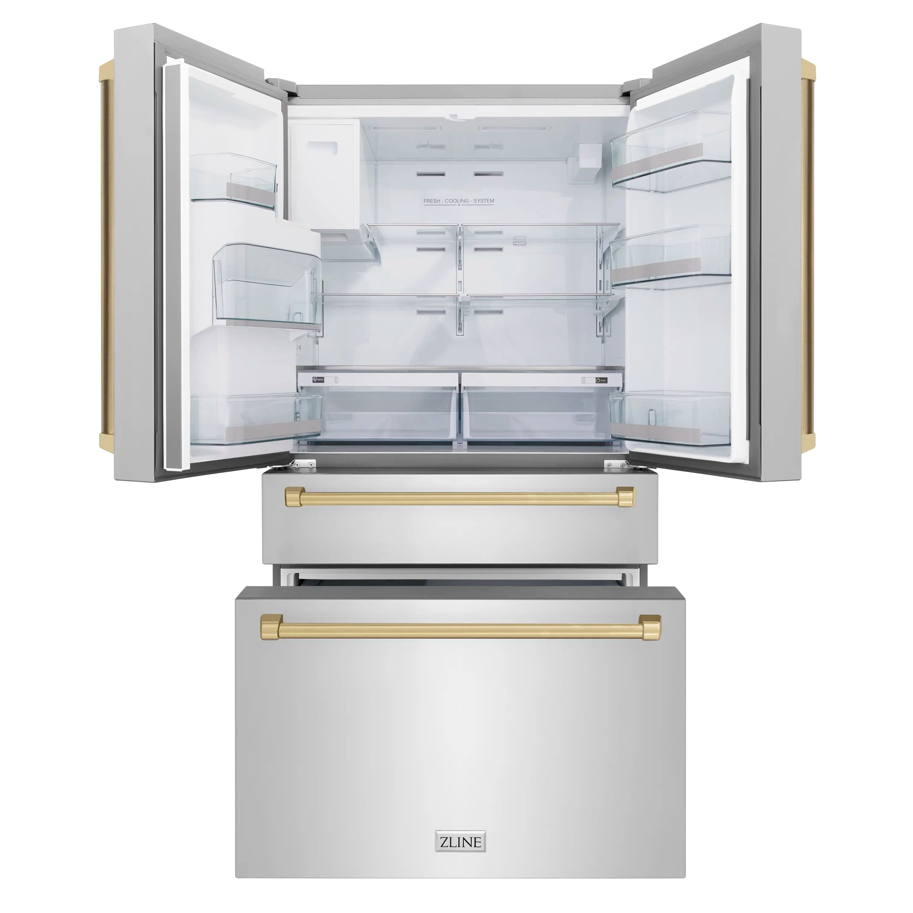 Stainless steel French door refrigerator with open doors and ice-water dispenser below