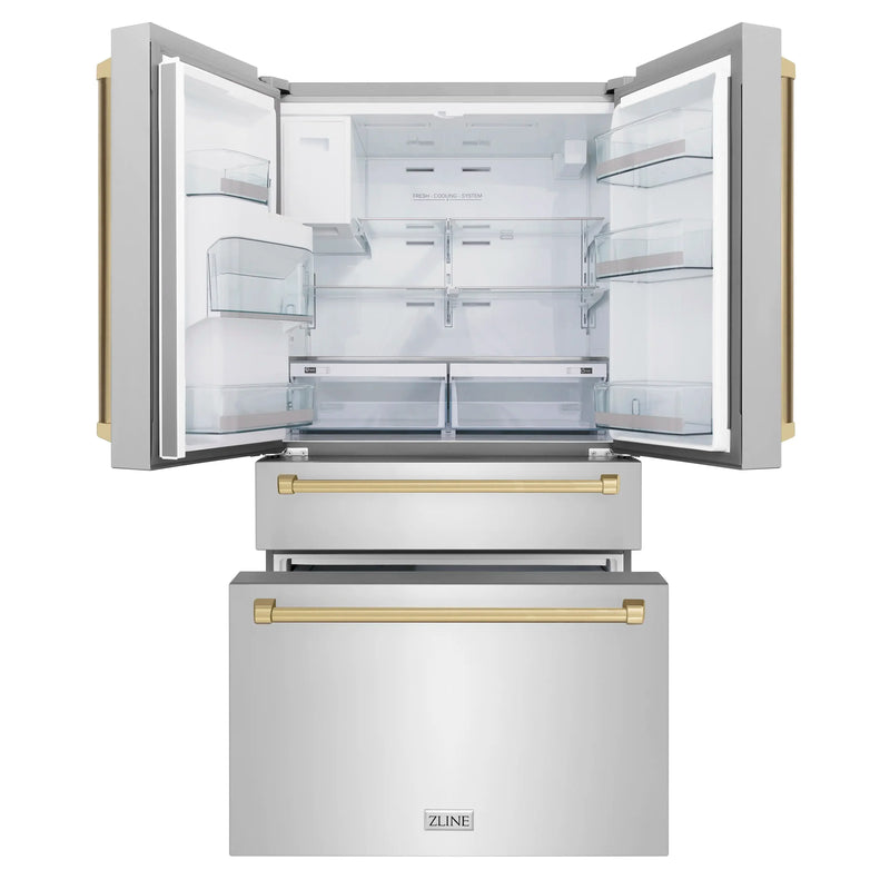 ZLINE 4-Piece Appliance Package - 48-Inch Dual Fuel Range, Hood, Refrigerator with Water Dispenser, and Dishwasher in Stainless Steel with Champagne Bronze Accents