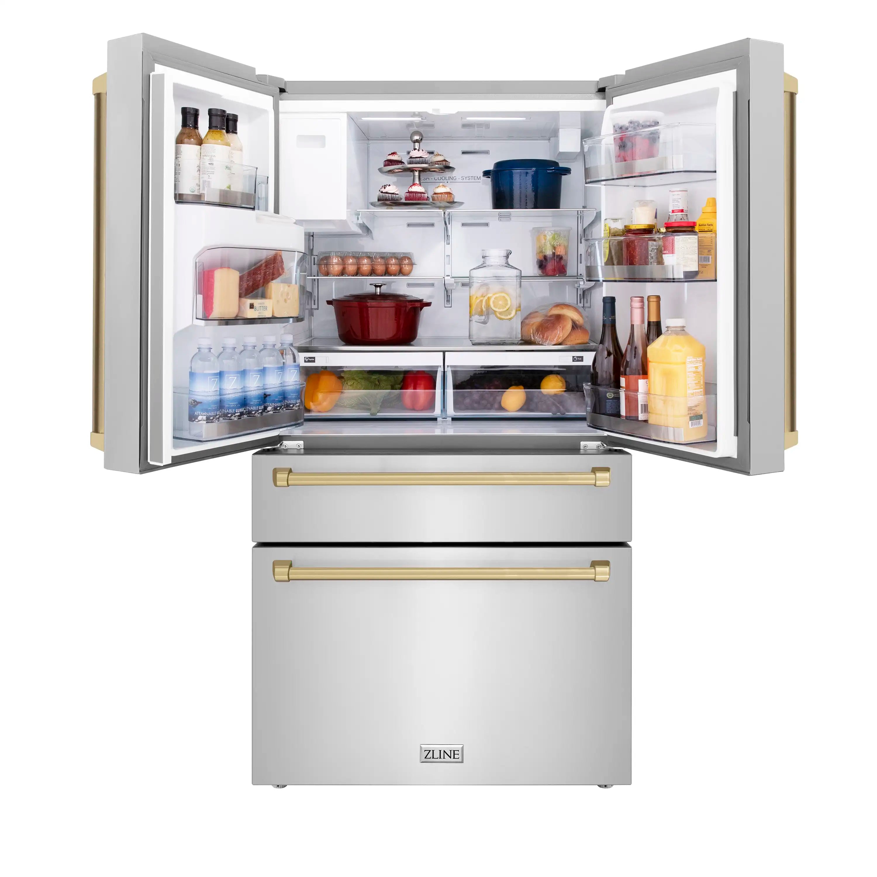 Stainless steel French door refrigerator with interior shelves and open ice-water drawer