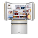 ZLINE 5-Piece Appliance Package - 30-Inch Legacy Autograph Dual Fuel Range, Wall Mount Range Hood, 36-Inch French Door Refrigerator with Water Dispenser, Dishwasher, and 30-Inch Microwave Drawer in Stainless Steel with Champagne Bronze Accents